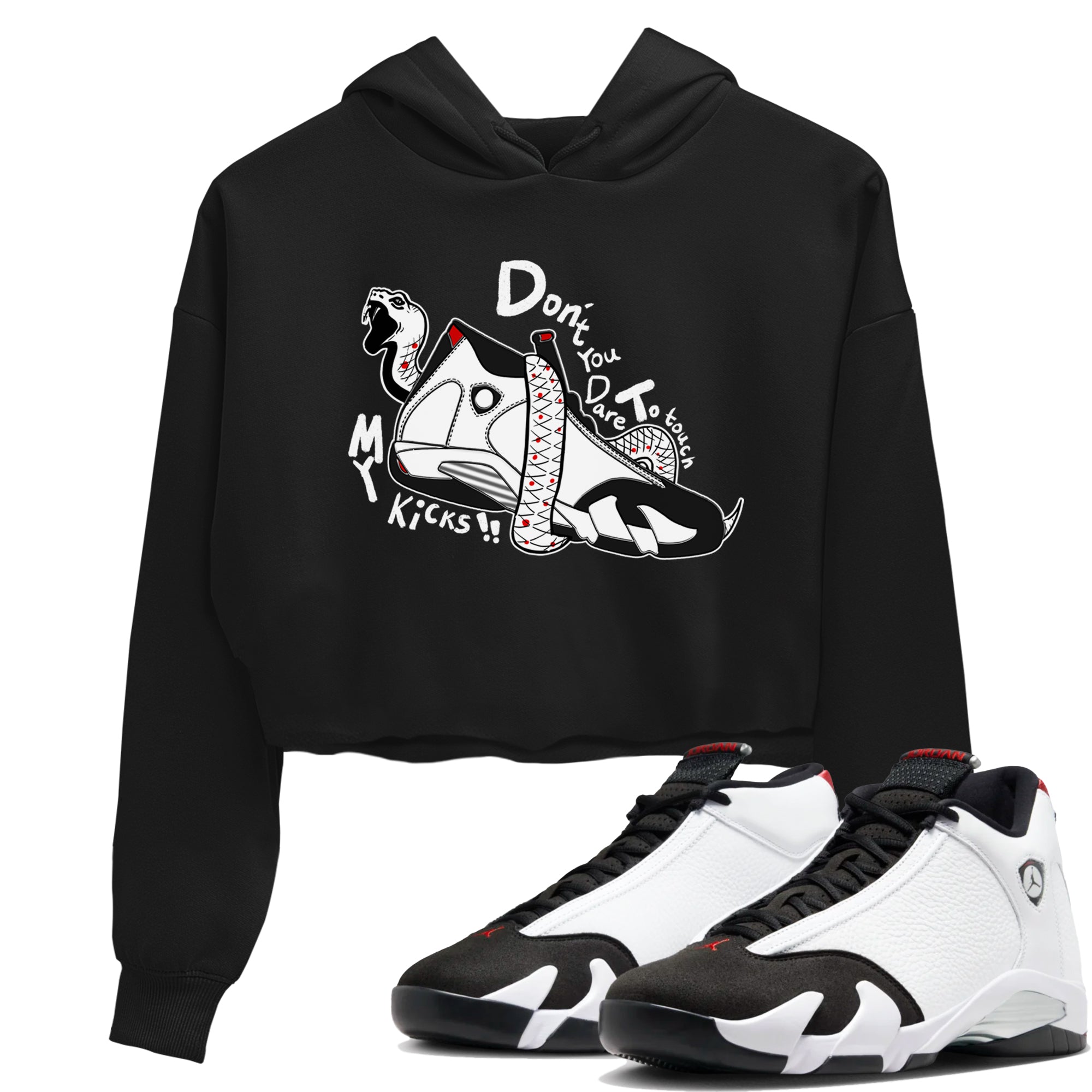 Air Jordan 14 Black Toe t shirts to match sneakers Don't Touch My Kicks sneaker match tees 14s Black Toe sneaker match tee Drip Gear Zone unisex cotton Black 1 crop tee