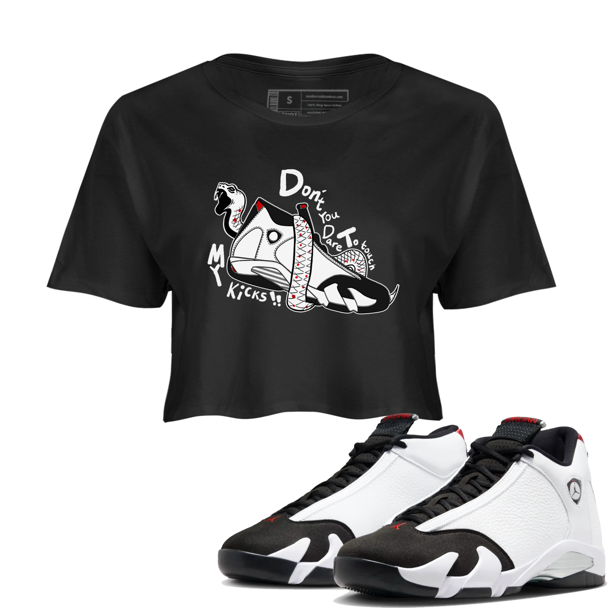 Air Jordan 14 Black Toe t shirts to match sneakers Don't Touch My Kicks sneaker match tees 14s Black Toe sneaker match tee Drip Gear Zone unisex cotton Black 1 crop tee