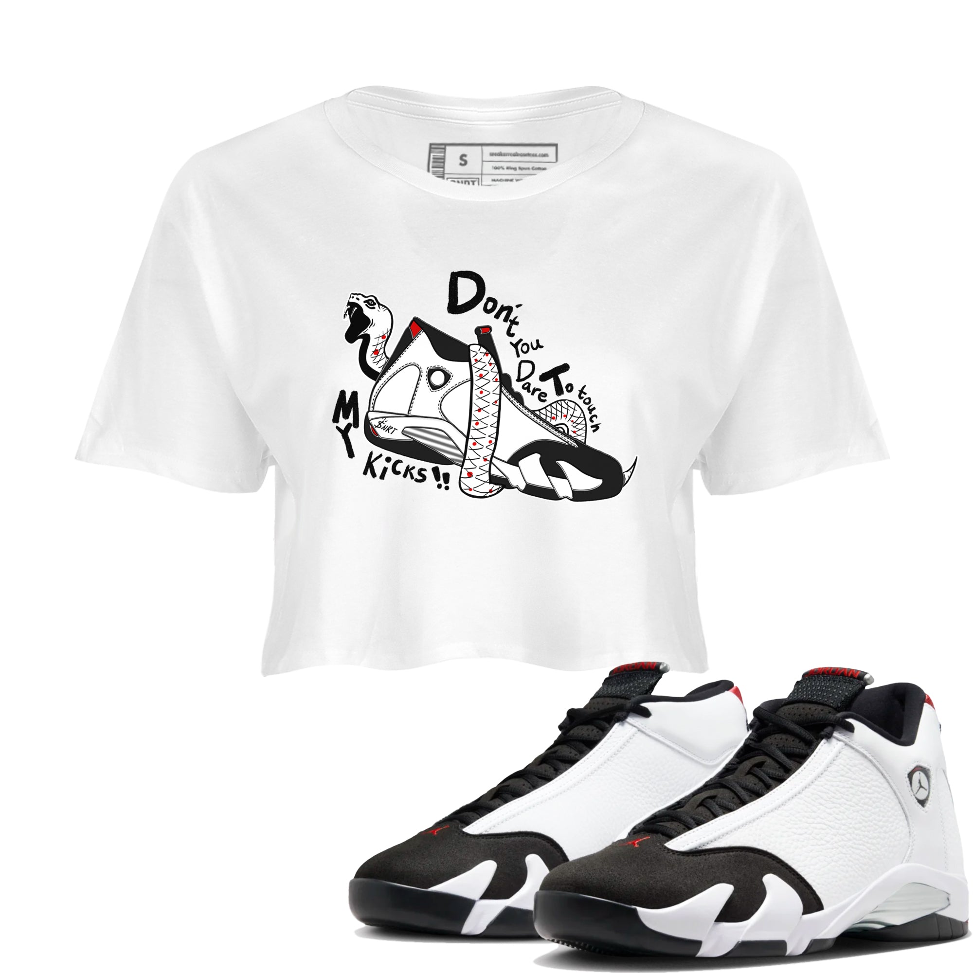 Air Jordan 14 Black Toe t shirts to match sneakers Don't Touch My Kicks sneaker match tees 14s Black Toe sneaker match tee Drip Gear Zone unisex cotton White 1 crop tee