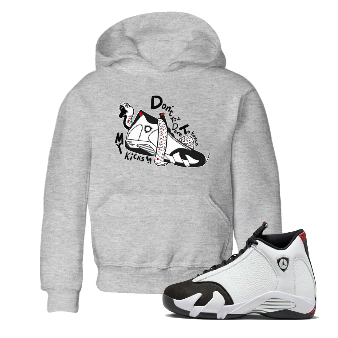Air Jordan 14 Black Toe t shirts to match sneakers Don't Touch My Kicks sneaker match tees 14s Black Toe sneaker match tee Drip Gear Zone Youth Baby Heather Grey 1 tee