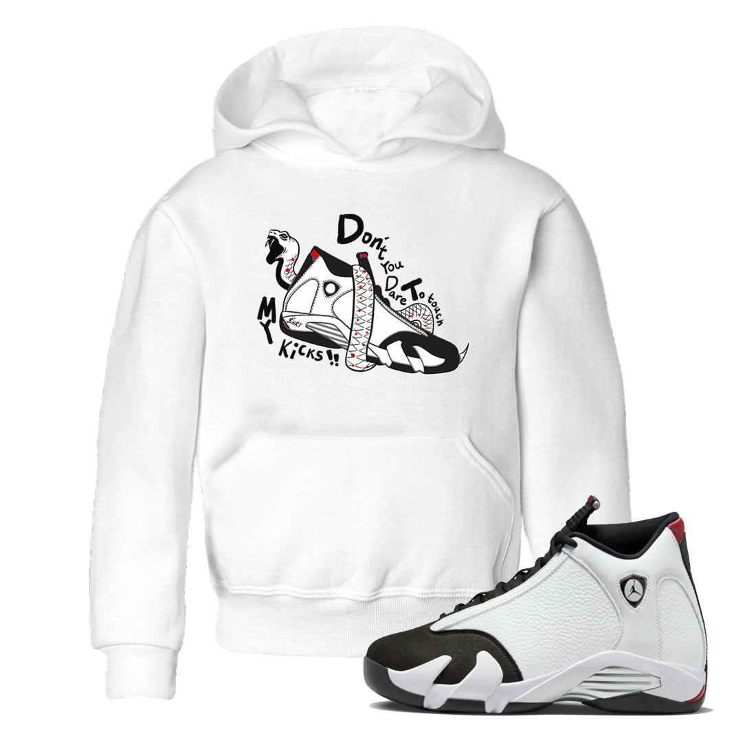 Air Jordan 14 Black Toe t shirts to match sneakers Don't Touch My Kicks sneaker match tees 14s Black Toe sneaker match tee Drip Gear Zone Youth Baby White 1 tee