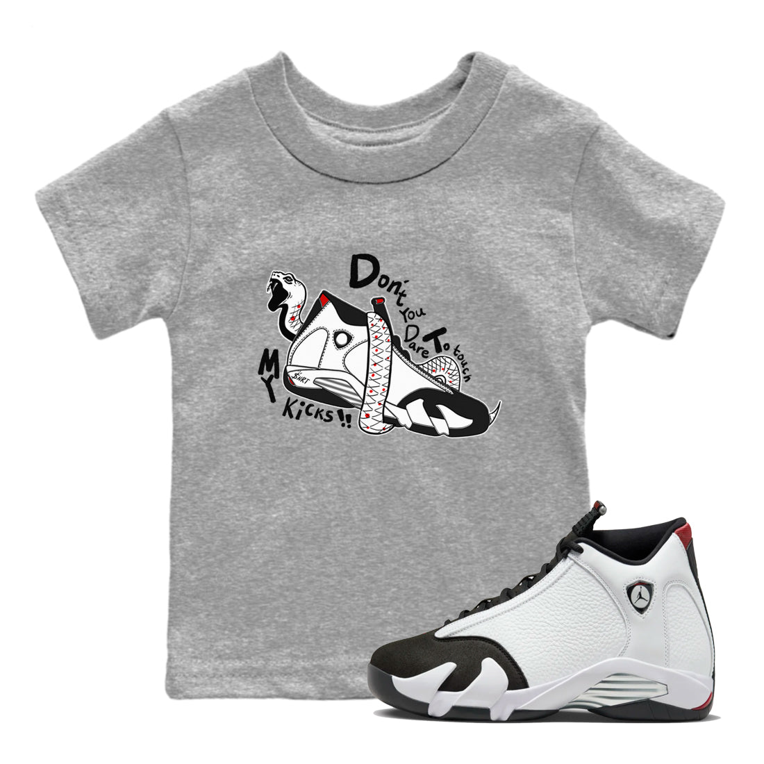 Air Jordan 14 Black Toe t shirts to match sneakers Don't Touch My Kicks sneaker match tees 14s Black Toe sneaker match tee Drip Gear Zone Youth Baby Heather Grey 1 tee