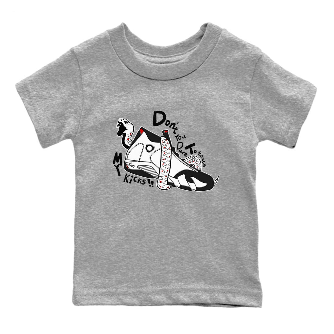 Air Jordan 14 Black Toe t shirts to match sneakers Don't Touch My Kicks sneaker match tees 14s Black Toe sneaker match tee Drip Gear Zone Youth Baby Heather Grey 2 tee