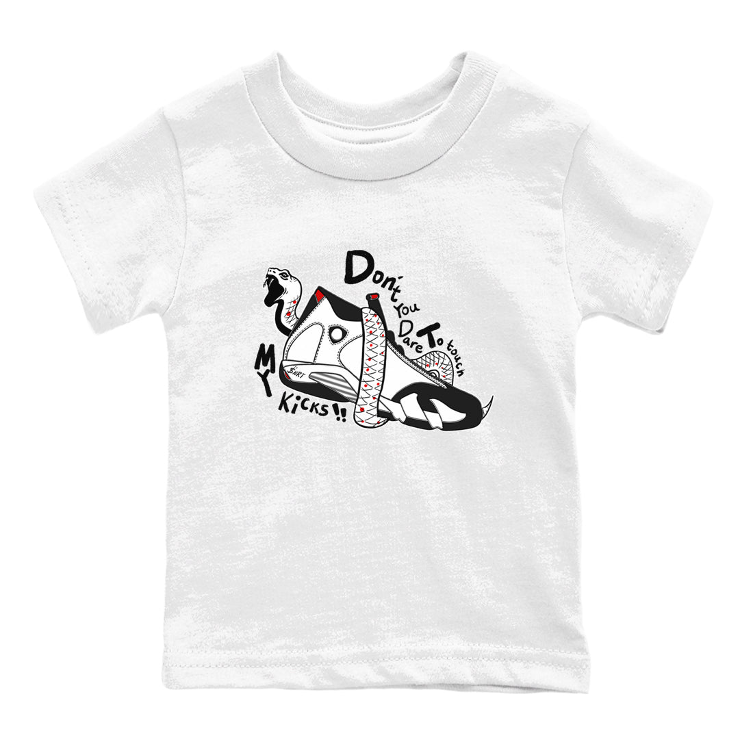 Air Jordan 14 Black Toe t shirts to match sneakers Don't Touch My Kicks sneaker match tees 14s Black Toe sneaker match tee Drip Gear Zone Youth Baby White 2 tee