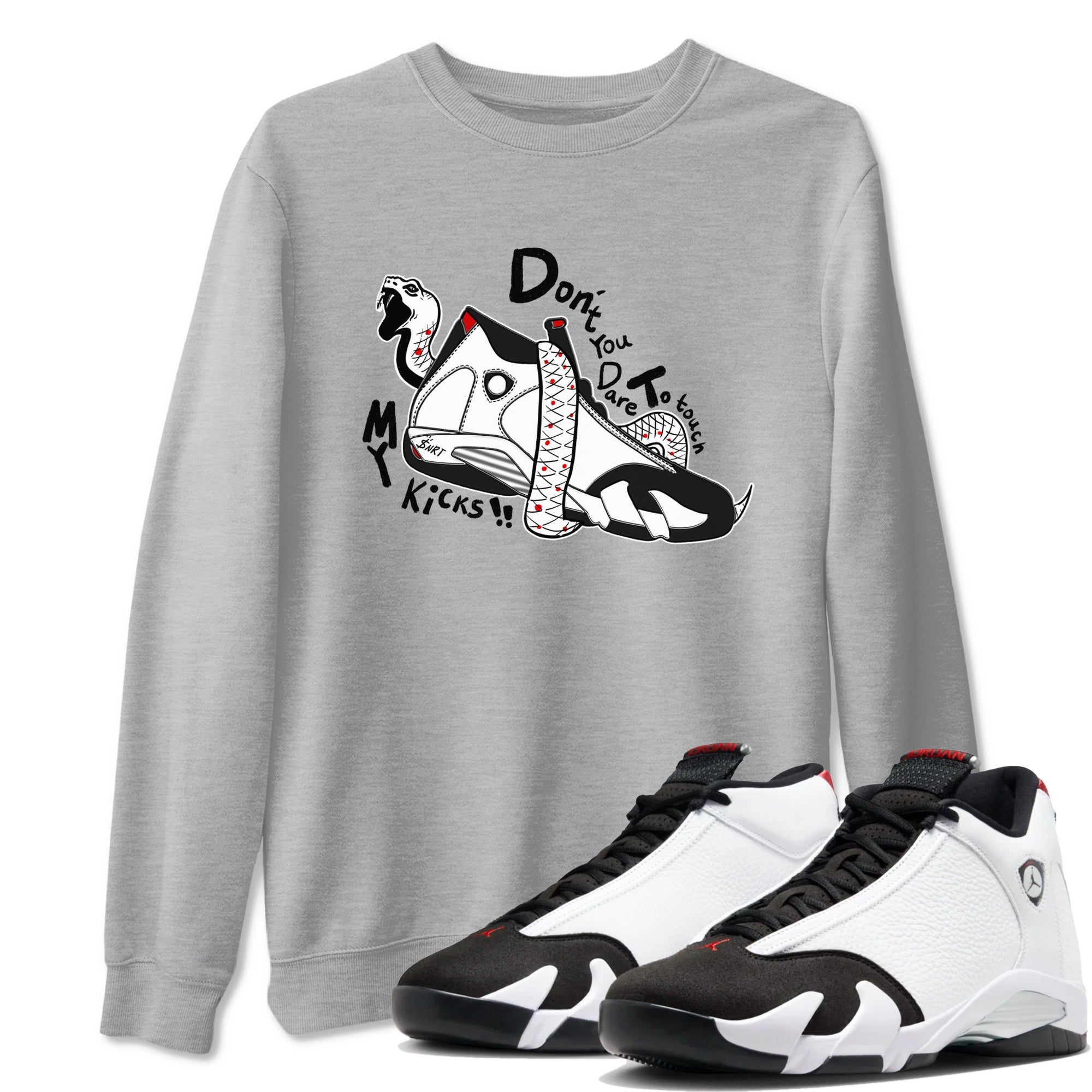 Air Jordan 14 Black Toe t shirts to match sneakers Don't Touch My Kicks sneaker match tees 14s Black Toe sneaker match tee Drip Gear Zone unisex cotton Heather Grey 1 shirts