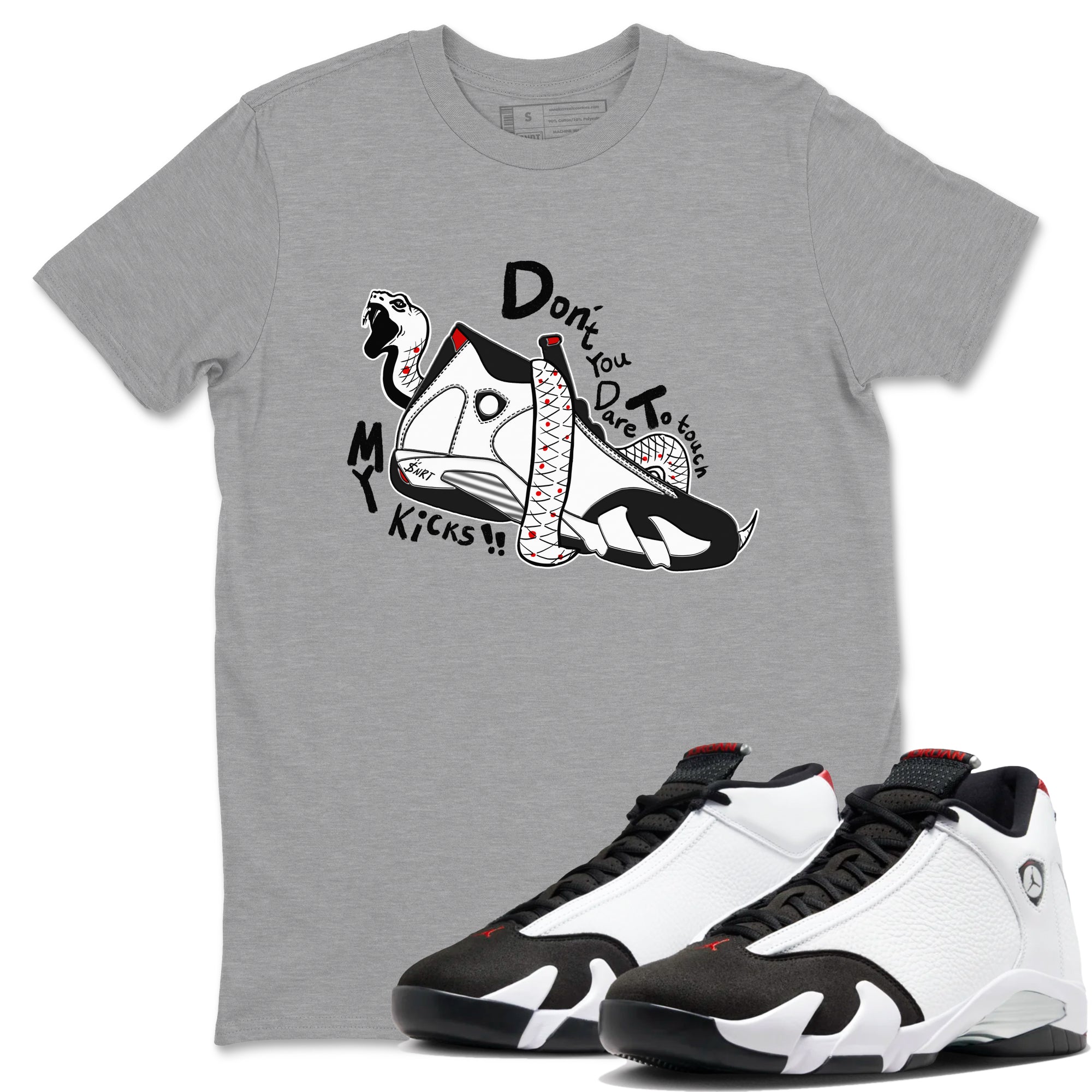 Air Jordan 14 Black Toe t shirts to match sneakers Don't Touch My Kicks sneaker match tees 14s Black Toe sneaker match tee Drip Gear Zone unisex cotton Heather Grey 1 shirts