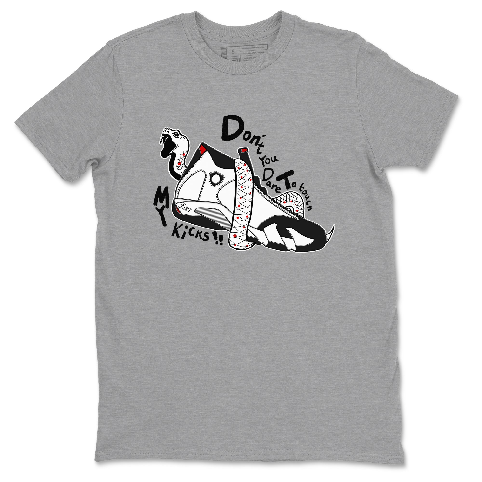 Air Jordan 14 Black Toe t shirts to match sneakers Don't Touch My Kicks sneaker match tees 14s Black Toe sneaker match tee Drip Gear Zone unisex cotton Heather Grey 2 shirts