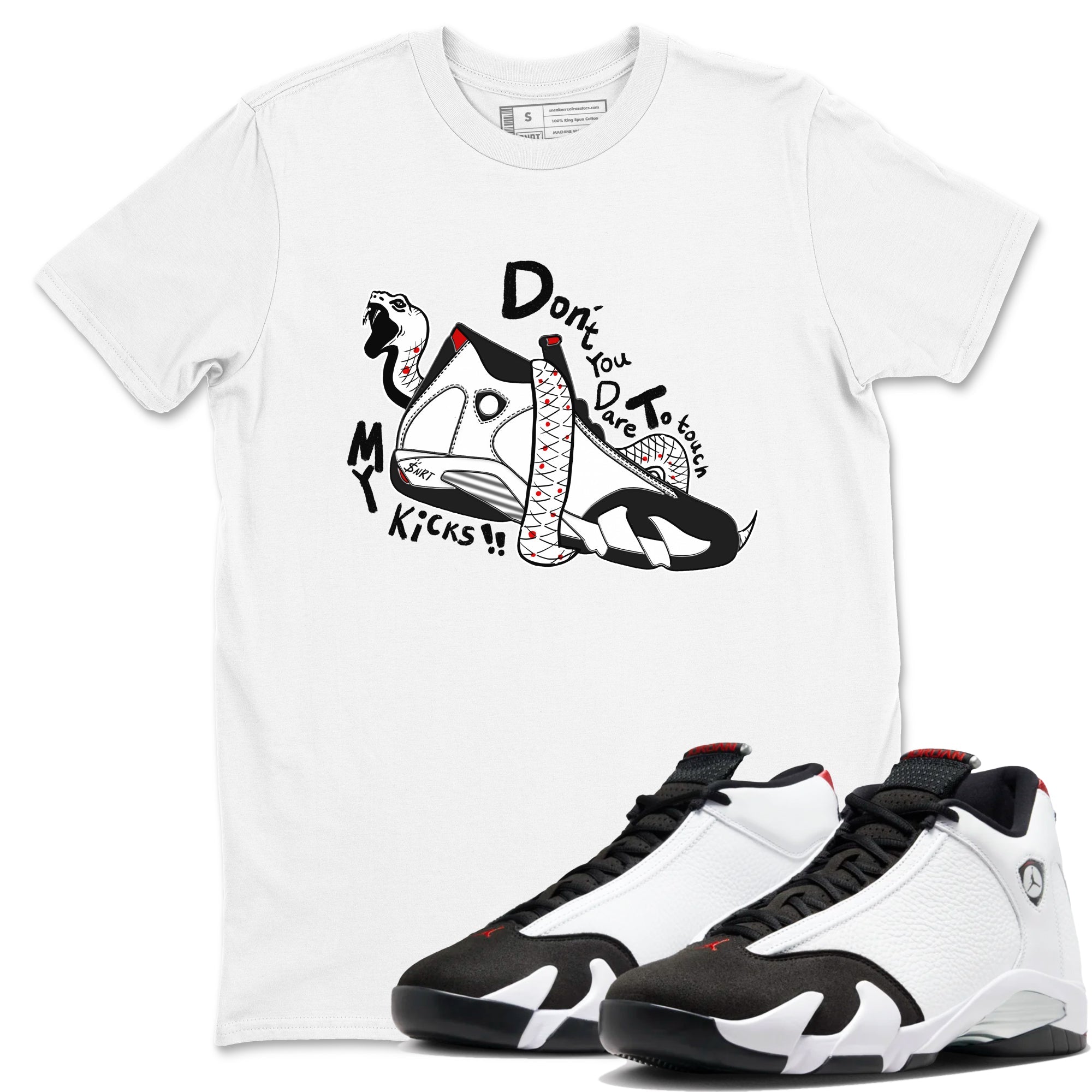 Air Jordan 14 Black Toe t shirts to match sneakers Don't Touch My Kicks sneaker match tees 14s Black Toe sneaker match tee Drip Gear Zone unisex cotton White 1 shirts