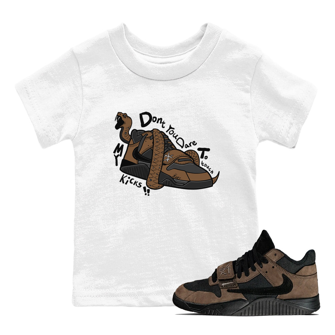 Jordan Jumpman Jack TR Travis Scott Dark Mocha shirts to match jordans Don't Touch My Kicks sneaker match tees Jordan Jumpman Jack Travis Scott Dark Mocha match shoes to clothes Drip Gear Zone Youth Baby White 1 tee