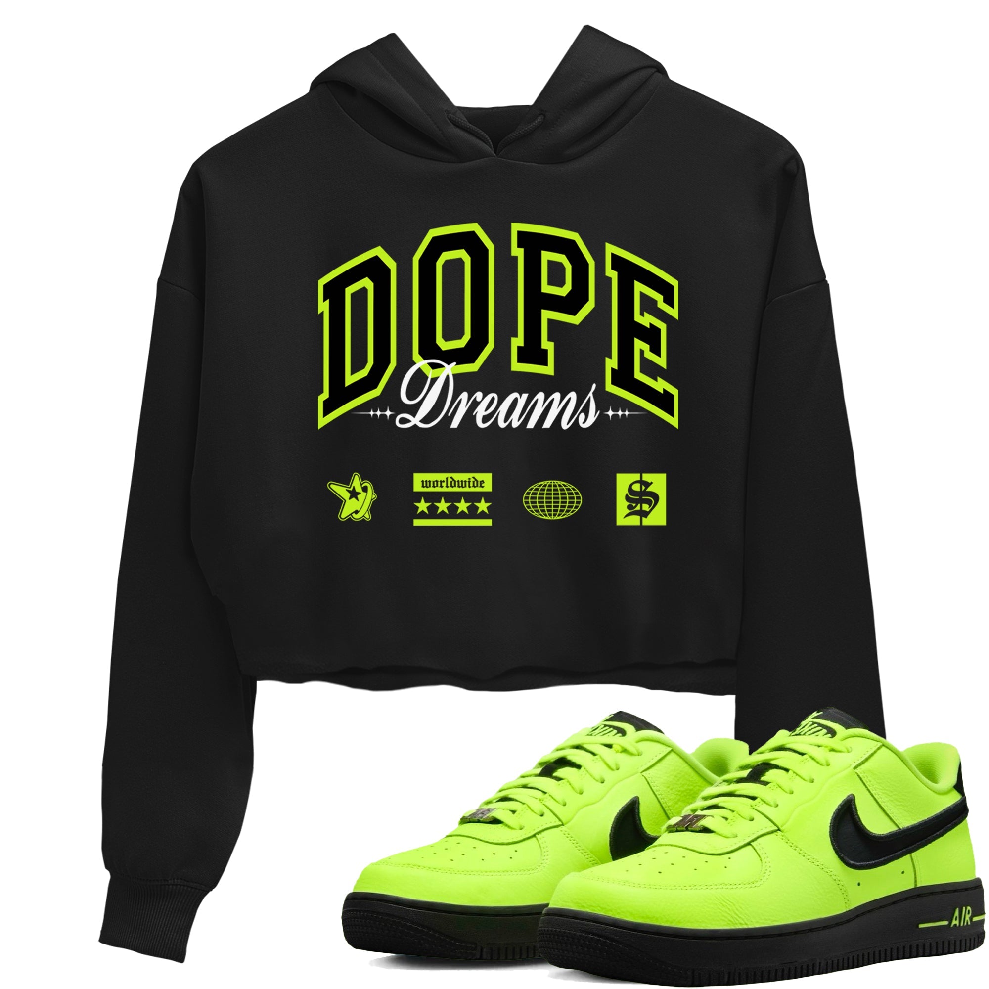AF1 Volt shirts to match jordans Dope Dreams sneaker match tees Air Force 1 Volt match shoes to clothes Drip Gear Zone unisex cotton Black 1 crop tee