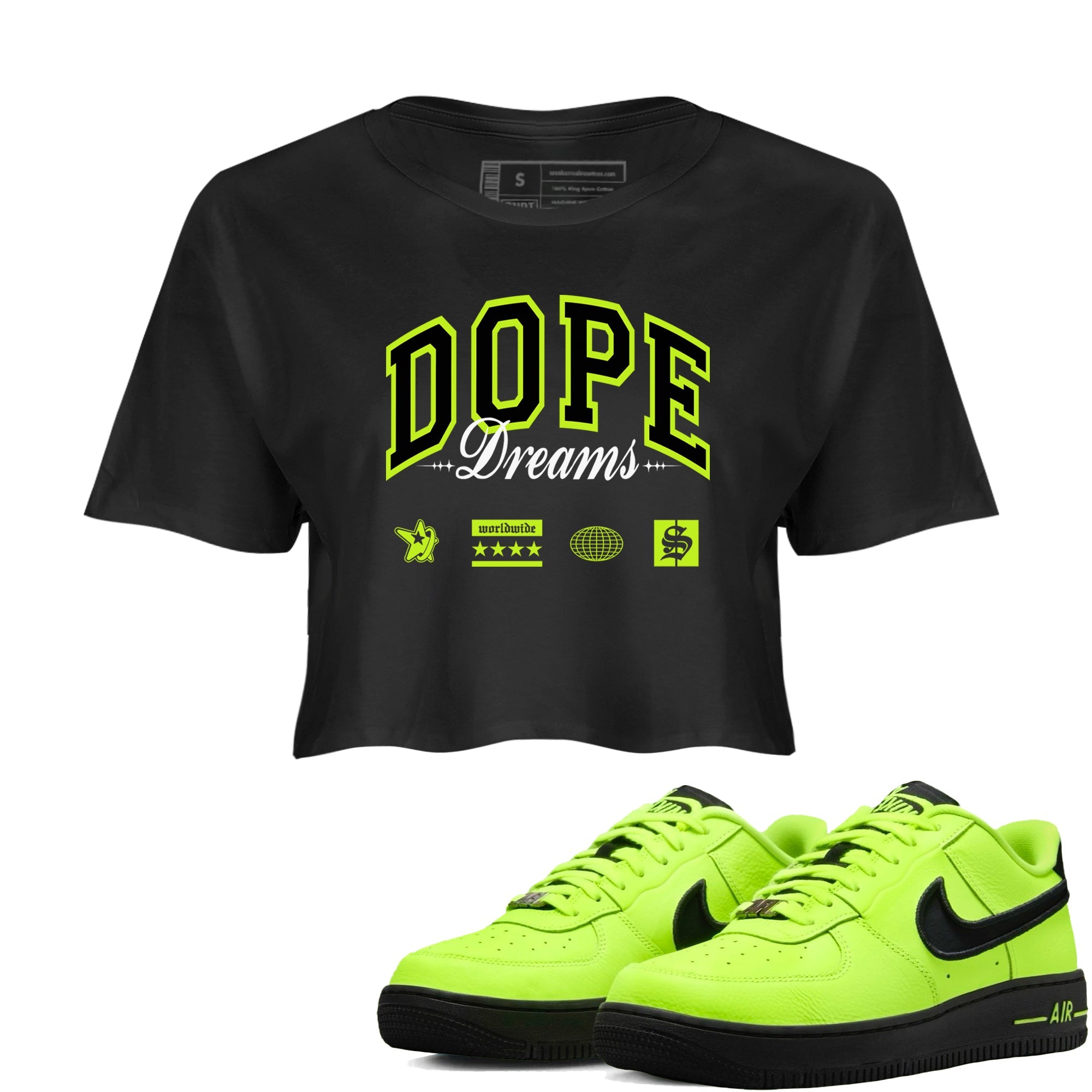 AF1 Volt shirts to match jordans Dope Dreams sneaker match tees Air Force 1 Volt match shoes to clothes Drip Gear Zone unisex cotton Black 1 crop tee