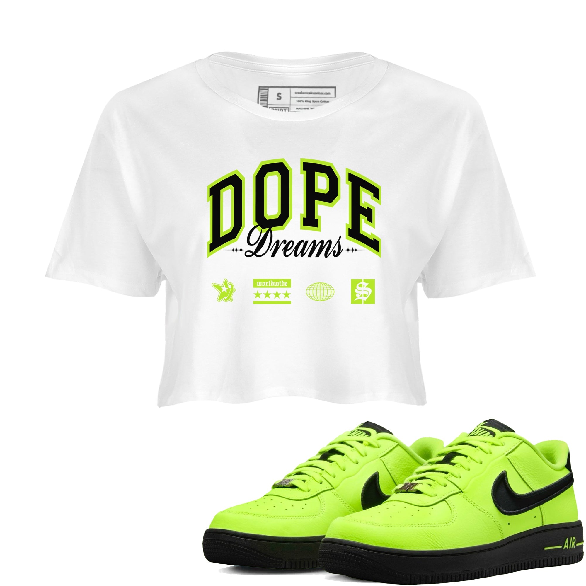AF1 Volt shirts to match jordans Dope Dreams sneaker match tees Air Force 1 Volt match shoes to clothes Drip Gear Zone unisex cotton White 1 crop tee