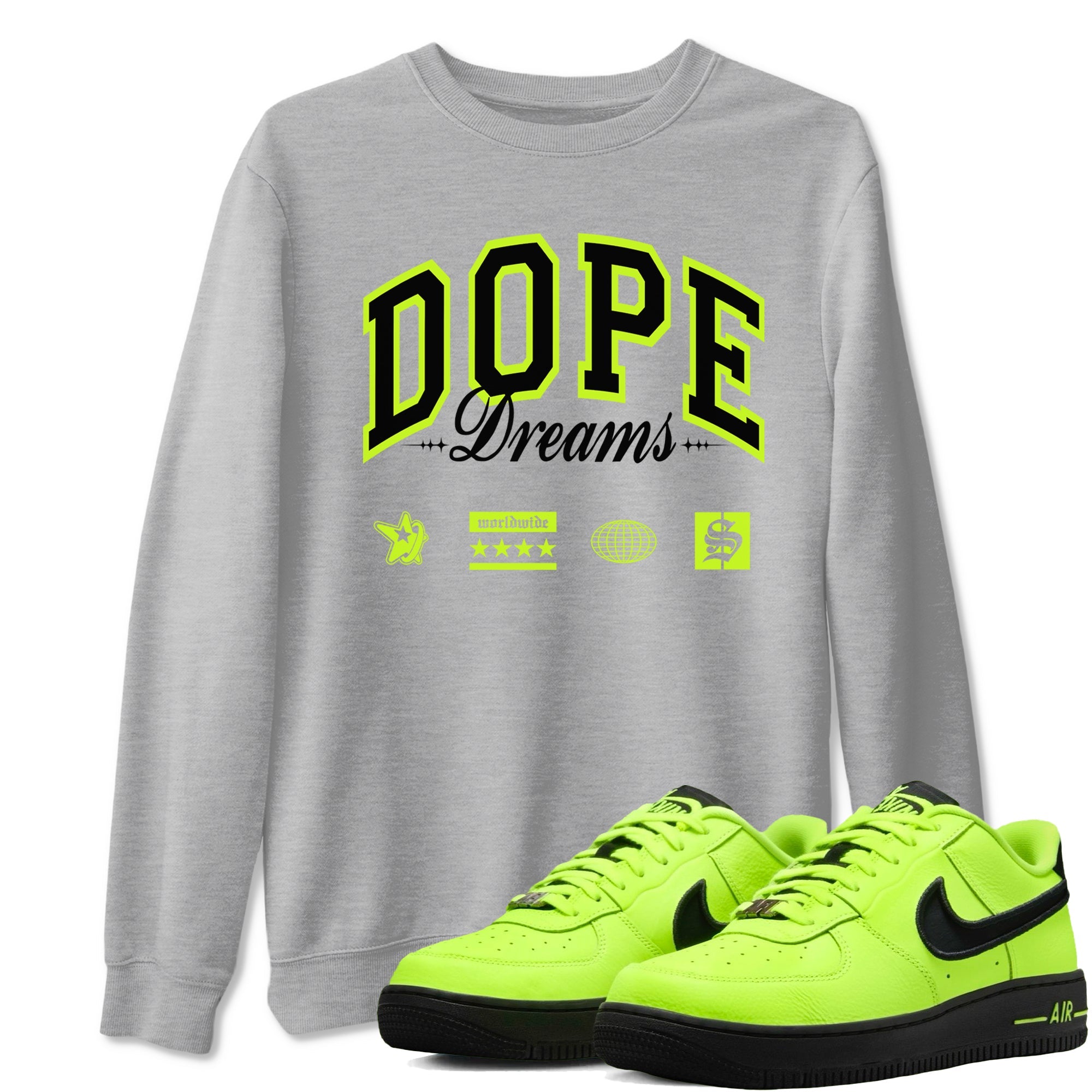 AF1 Volt shirts to match jordans Dope Dreams sneaker match tees Air Force 1 Volt match shoes to clothes Drip Gear Zone unisex cotton Heather Grey 1 shirts