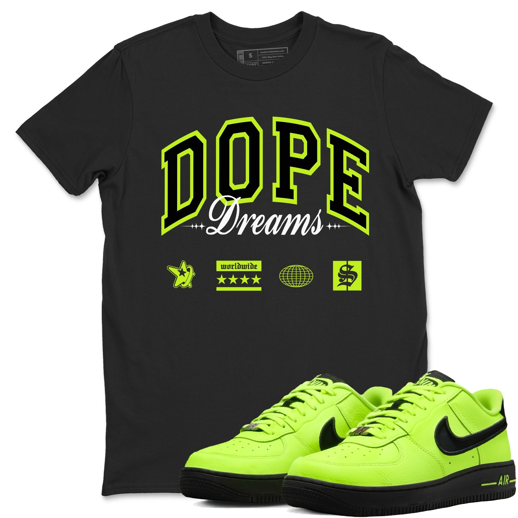 AF1 Volt shirts to match jordans Dope Dreams sneaker match tees Air Force 1 Volt match shoes to clothes Drip Gear Zone unisex cotton Black 1 shirts