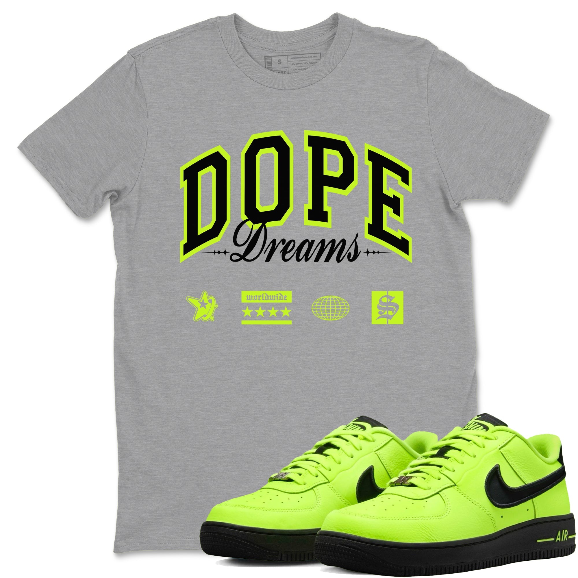AF1 Volt shirts to match jordans Dope Dreams sneaker match tees Air Force 1 Volt match shoes to clothes Drip Gear Zone unisex cotton Heather Grey 1 shirts