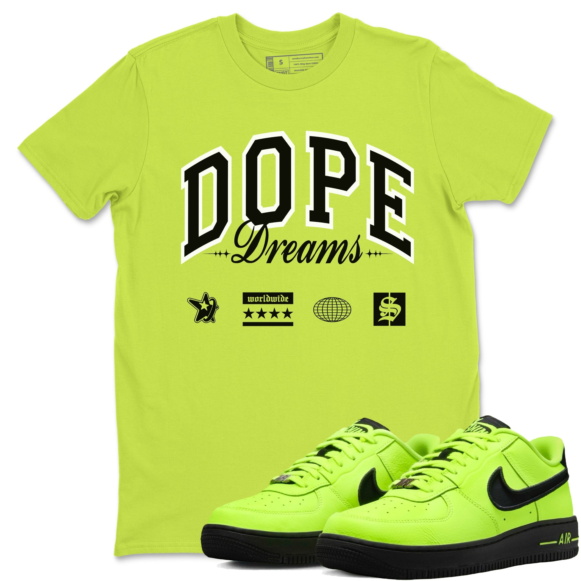 AF1 Volt shirts to match jordans Dope Dreams sneaker match tees Air Force 1 Volt match shoes to clothes Drip Gear Zone unisex cotton Safety Green 1 shirts