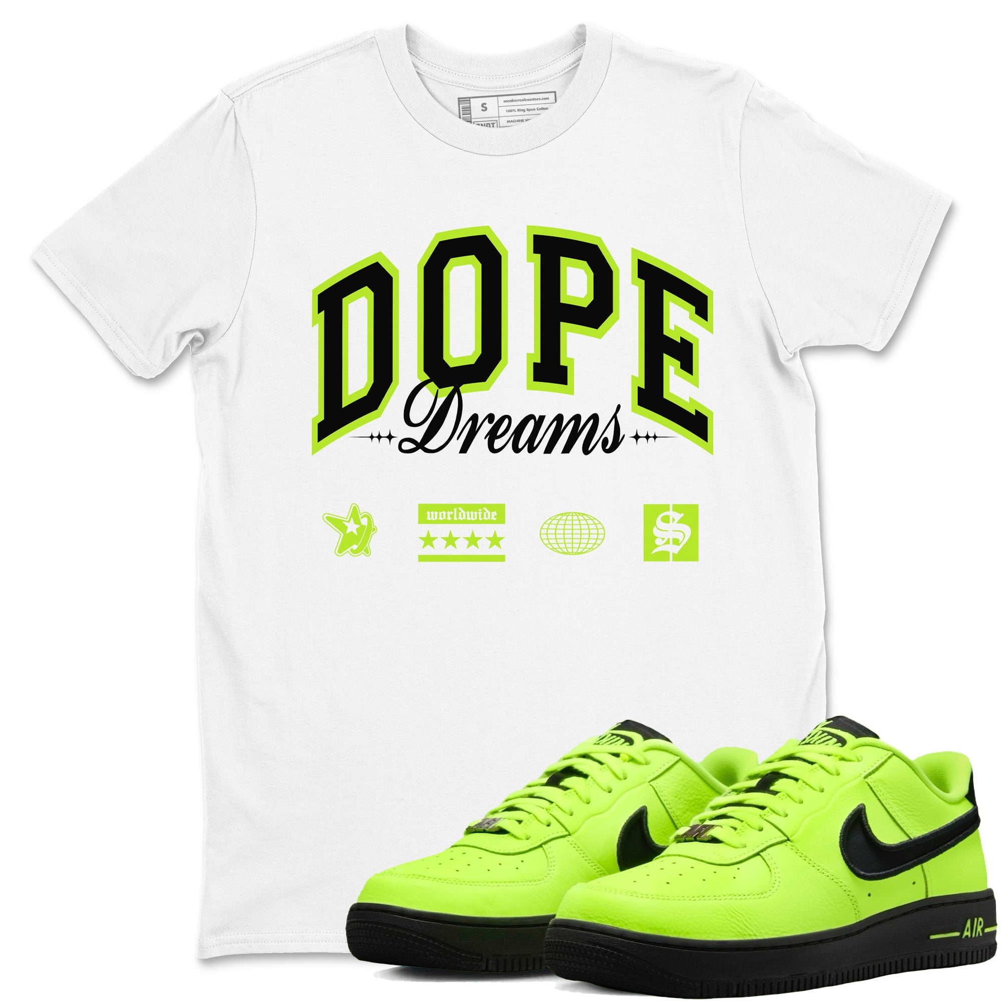 AF1 Volt shirts to match jordans Dope Dreams sneaker match tees Air Force 1 Volt match shoes to clothes Drip Gear Zone unisex cotton White 1 shirts