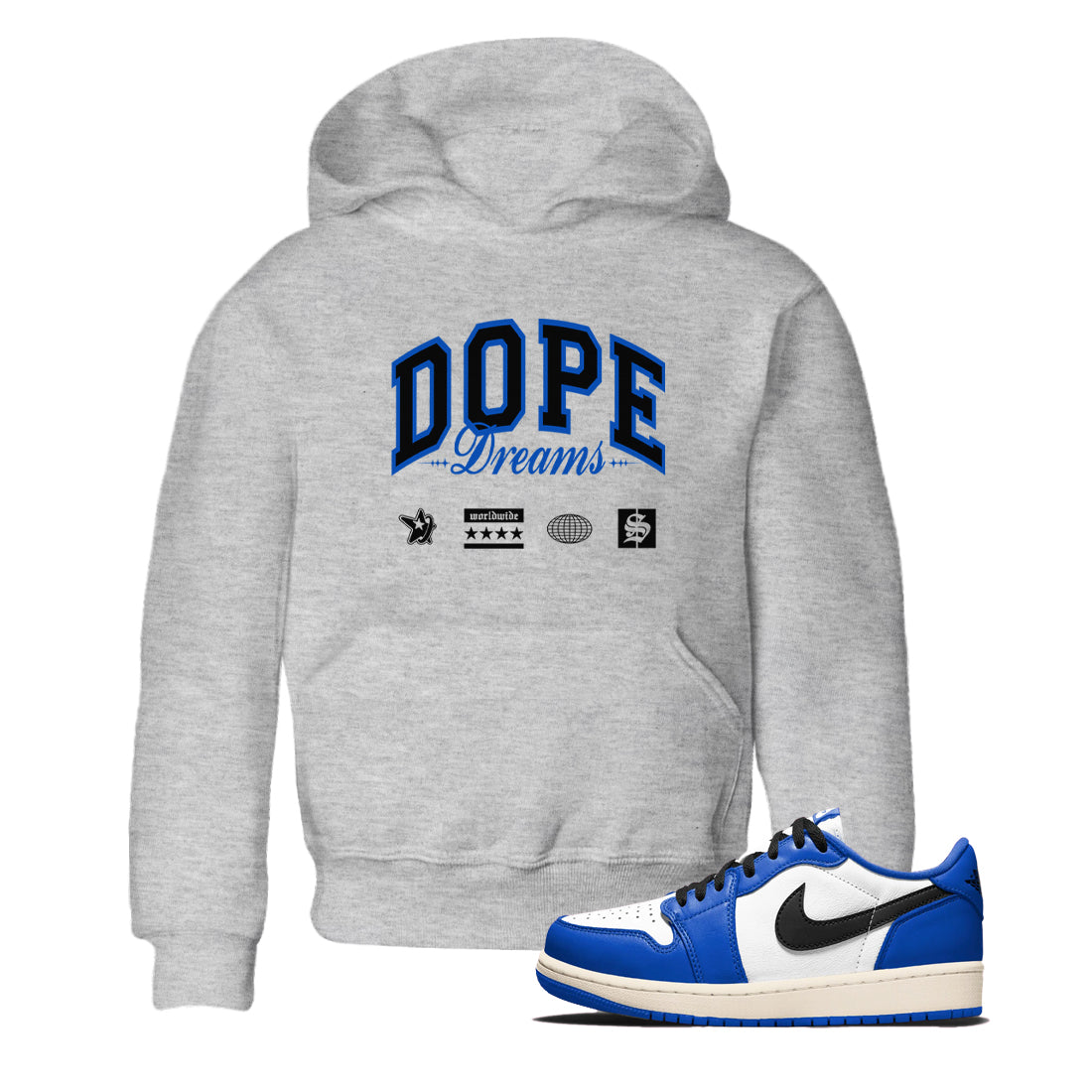 1s Game Royal shirts to match jordans Dope Dreams sneaker match tees Air Jordan 1 Game Royal Drip Gear Zone Youth Baby Heather Grey 1 crew neck shirts
