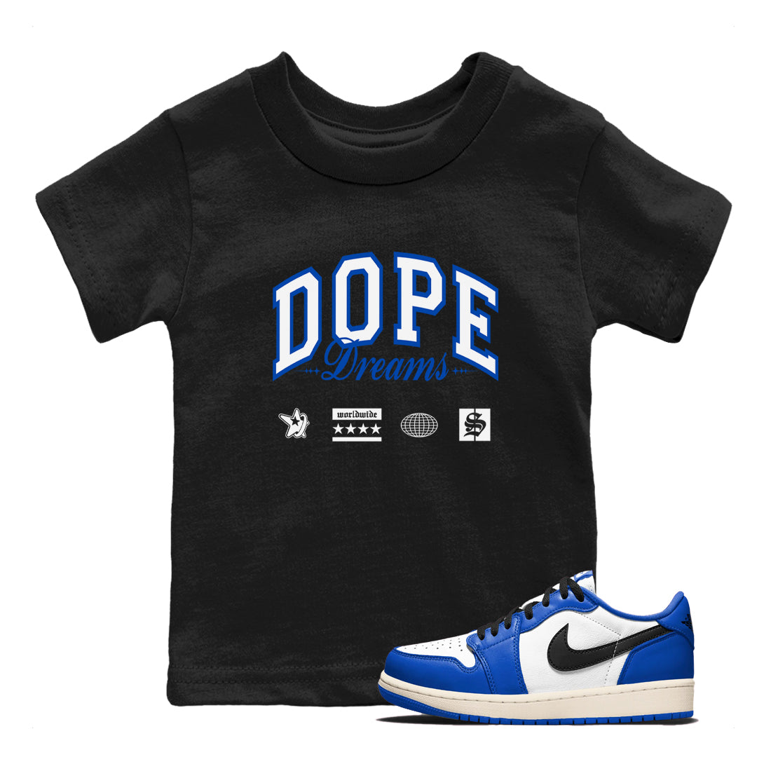 1s Game Royal shirts to match jordans Dope Dreams sneaker match tees Air Jordan 1 Game Royal Drip Gear Zone Youth Baby Black 1 crew neck shirts