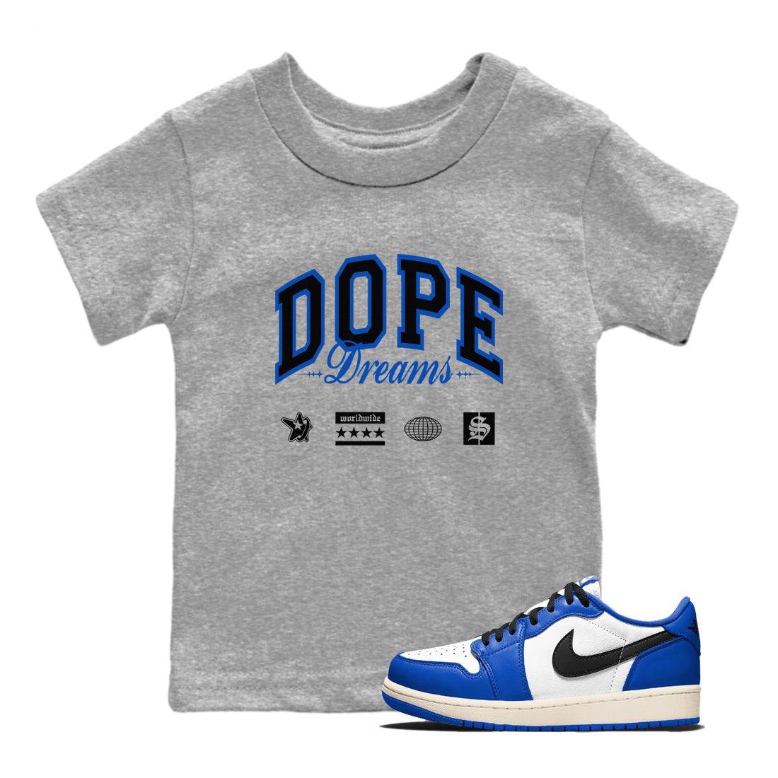 1s Game Royal shirts to match jordans Dope Dreams sneaker match tees Air Jordan 1 Game Royal Drip Gear Zone Youth Baby Heather Grey 1 crew neck shirts