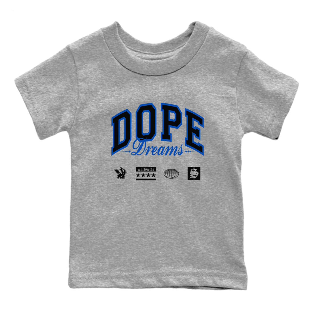 1s Game Royal shirts to match jordans Dope Dreams sneaker match tees Air Jordan 1 Game Royal Drip Gear Zone Youth Baby Heather Grey 2 crew neck shirts