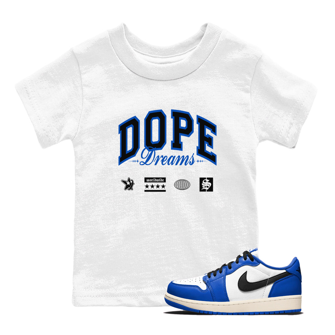 1s Game Royal shirts to match jordans Dope Dreams sneaker match tees Air Jordan 1 Game Royal Drip Gear Zone Youth Baby White 1 crew neck shirts