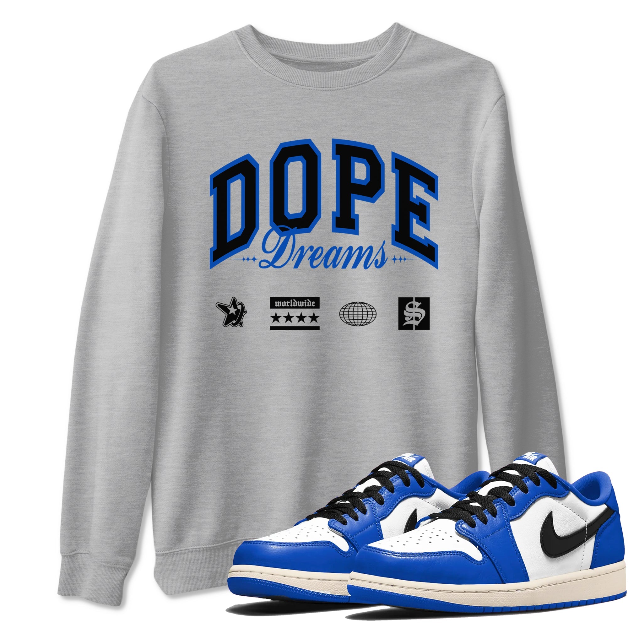 1s Game Royal shirts to match jordans Dope Dreams sneaker match tees Air Jordan 1 Game Royal Drip Gear Zone unisex cotton Heather Grey 1 crew neck shirts