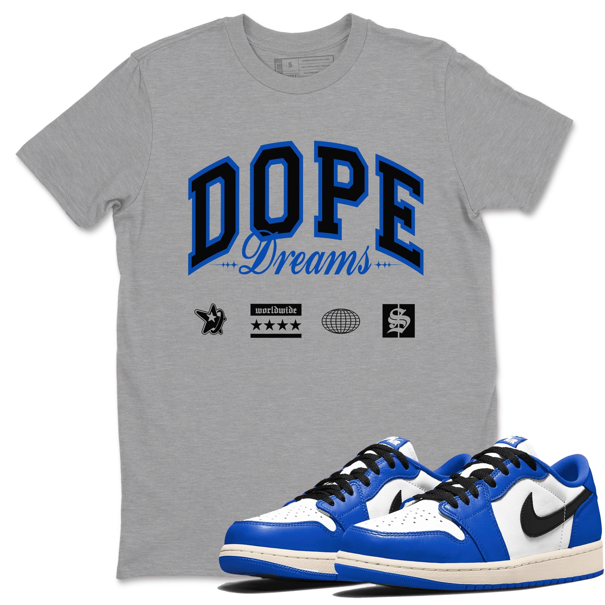 1s Game Royal shirts to match jordans Dope Dreams sneaker match tees Air Jordan 1 Game Royal Drip Gear Zone unisex cotton Heather Grey 1 crew neck shirts