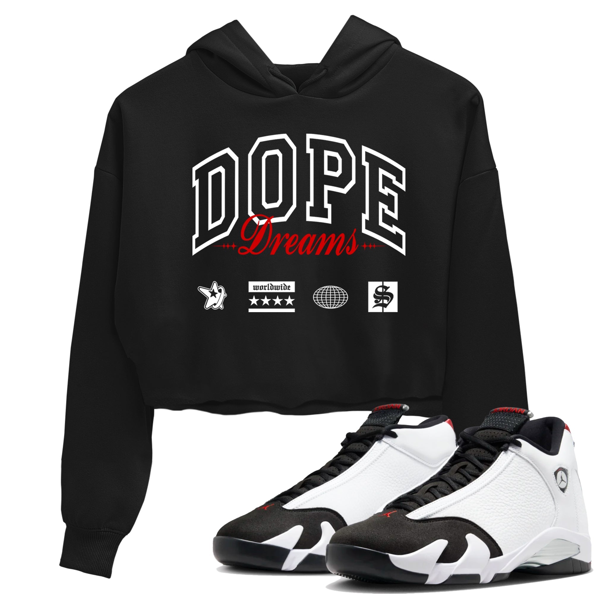 Air Jordan 14 Black Toe t shirts to match sneakers Dope Dreams sneaker match tees 14s Black Toe sneaker match tee Drip Gear Zone unisex cotton Black 1 crop tee
