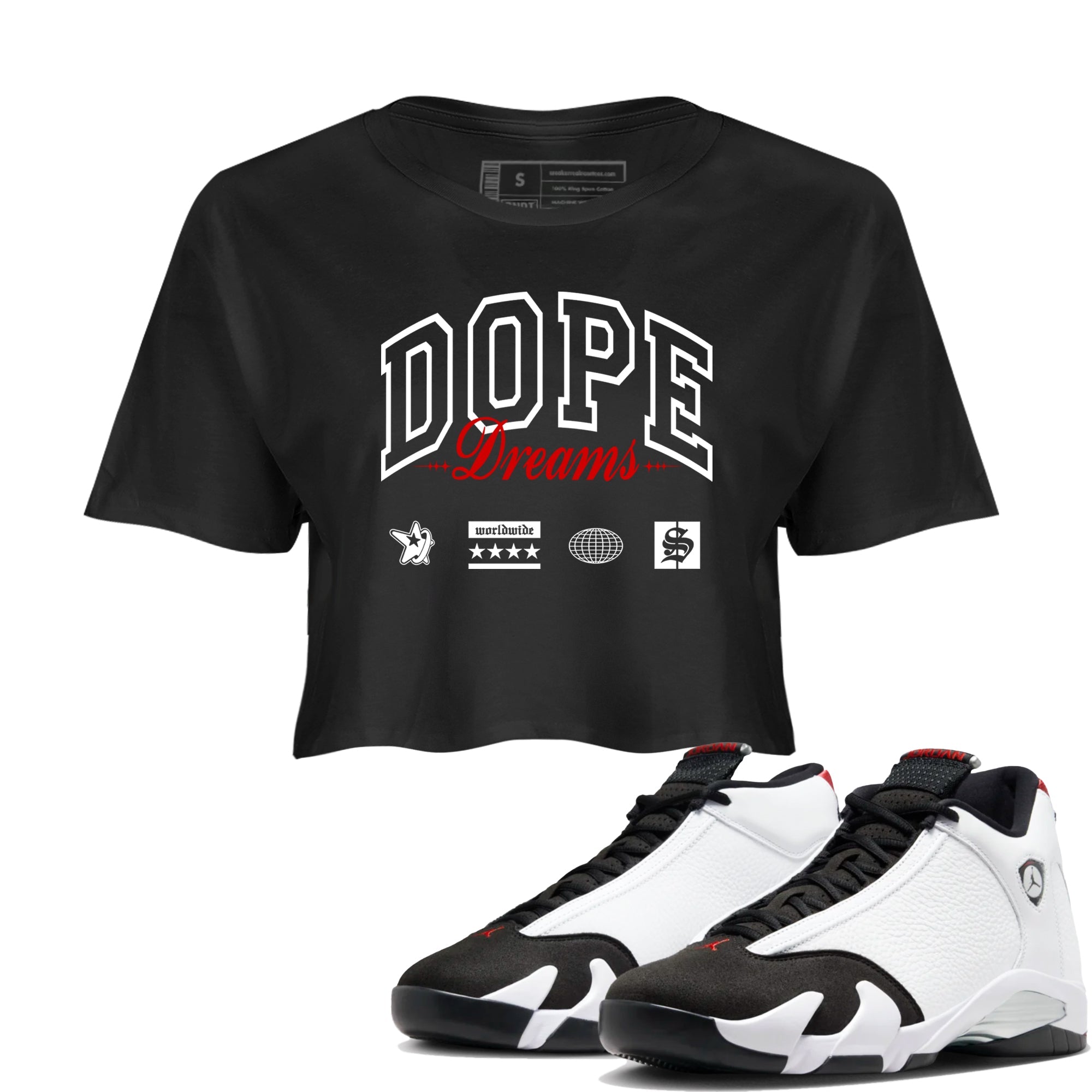 Air Jordan 14 Black Toe t shirts to match sneakers Dope Dreams sneaker match tees 14s Black Toe sneaker match tee Drip Gear Zone unisex cotton Black 1 crop tee
