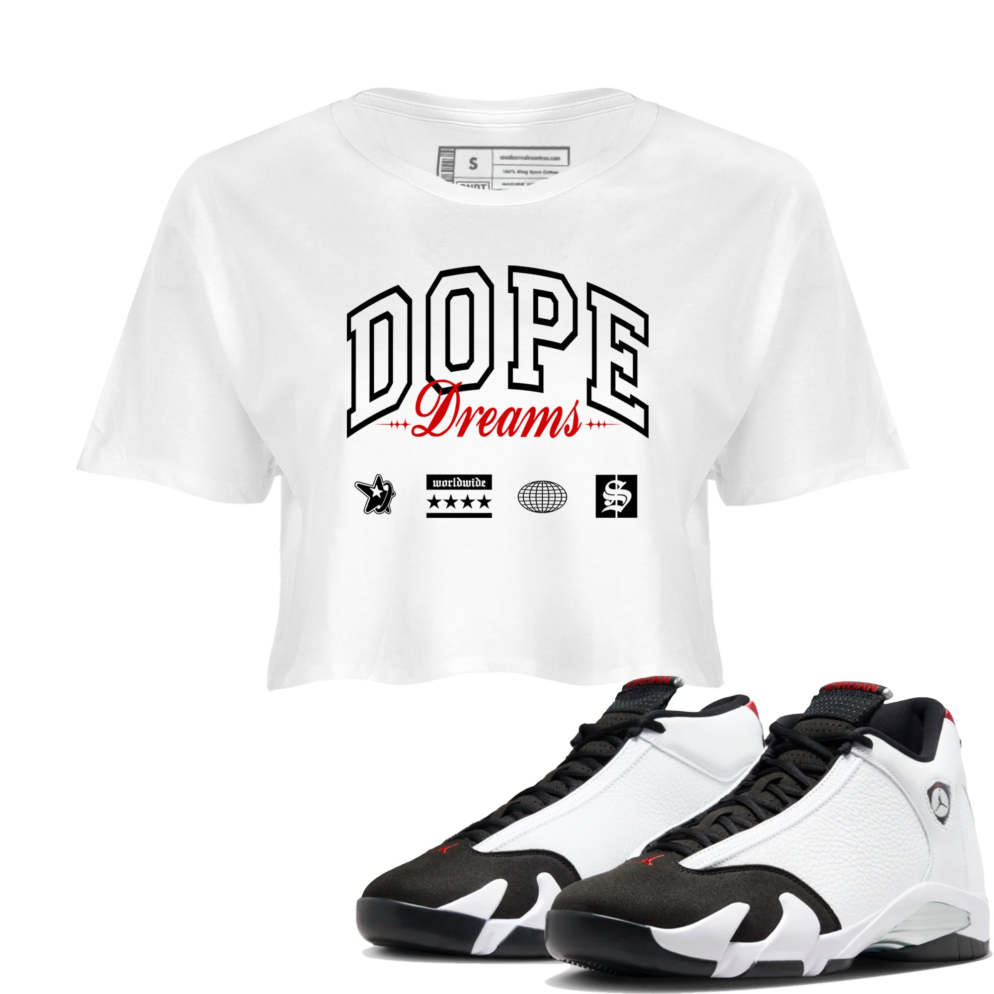 Air Jordan 14 Black Toe t shirts to match sneakers Dope Dreams sneaker match tees 14s Black Toe sneaker match tee Drip Gear Zone unisex cotton White 1 crop tee