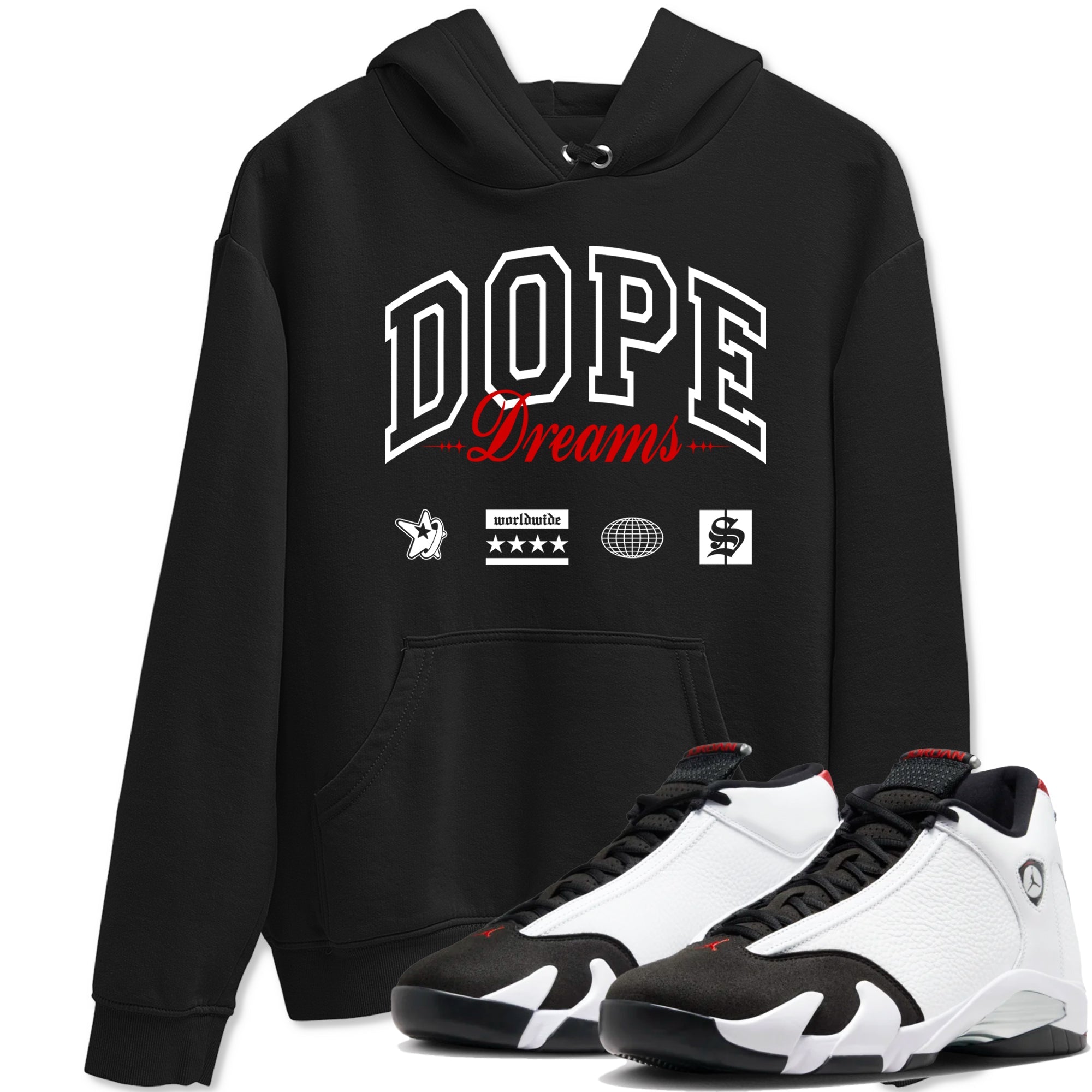 Air Jordan 14 Black Toe t shirts to match sneakers Dope Dreams sneaker match tees 14s Black Toe sneaker match tee Drip Gear Zone unisex cotton Black 1 shirts