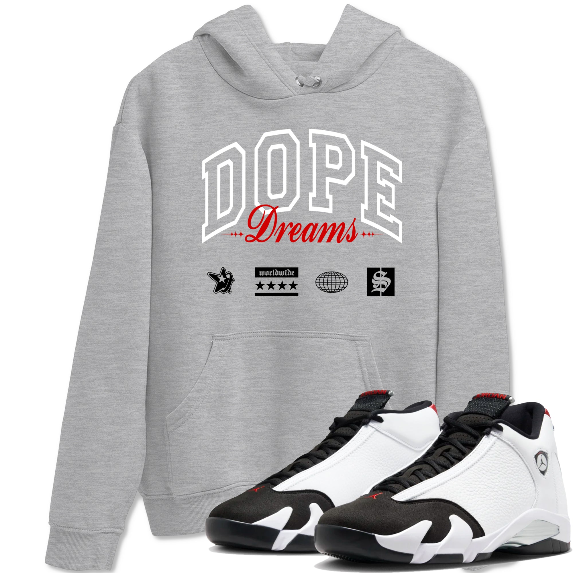 Air Jordan 14 Black Toe t shirts to match sneakers Dope Dreams sneaker match tees 14s Black Toe sneaker match tee Drip Gear Zone unisex cotton Heather Grey 1 shirts