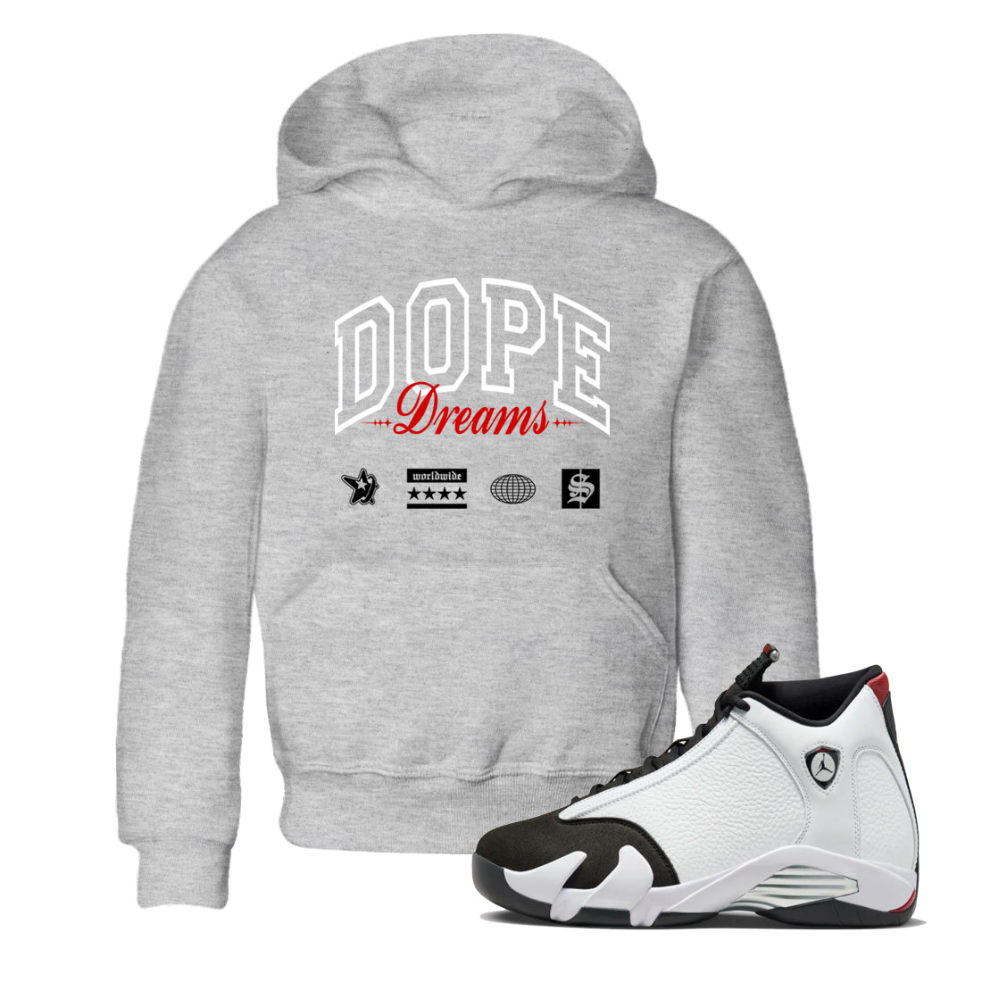 Air Jordan 14 Black Toe t shirts to match sneakers Dope Dreams sneaker match tees 14s Black Toe sneaker match tee Drip Gear Zone Youth Baby Heather Grey 1 tee