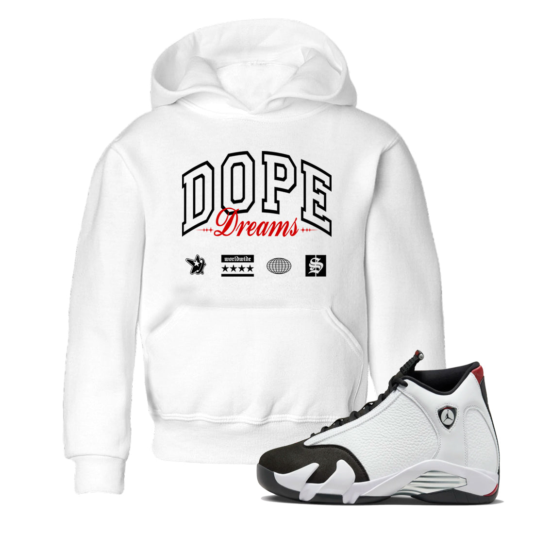 Air Jordan 14 Black Toe t shirts to match sneakers Dope Dreams sneaker match tees 14s Black Toe sneaker match tee Drip Gear Zone Youth Baby White 1 tee