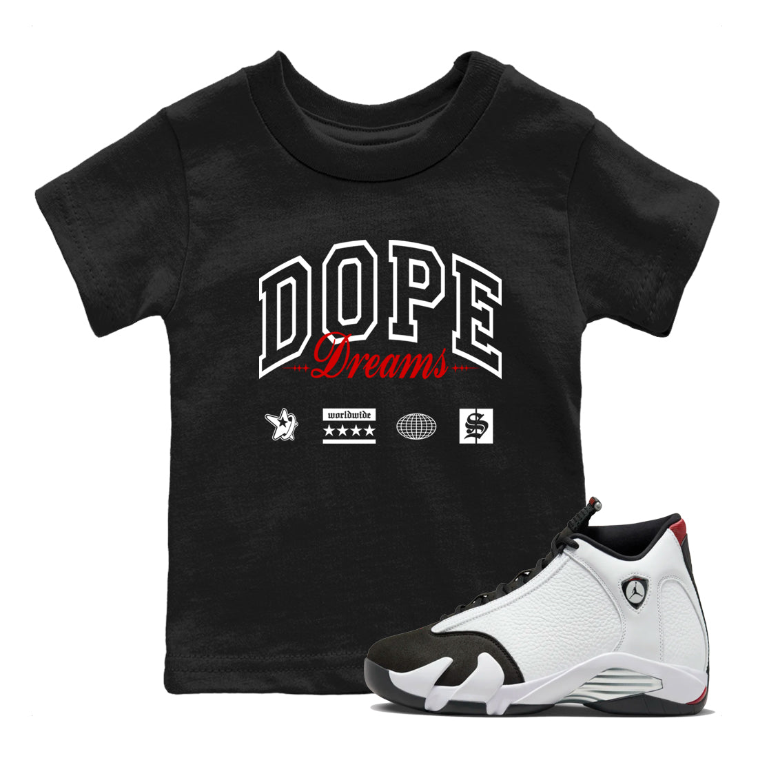 Air Jordan 14 Black Toe t shirts to match sneakers Dope Dreams sneaker match tees 14s Black Toe sneaker match tee Drip Gear Zone Youth Baby Black 1 tee