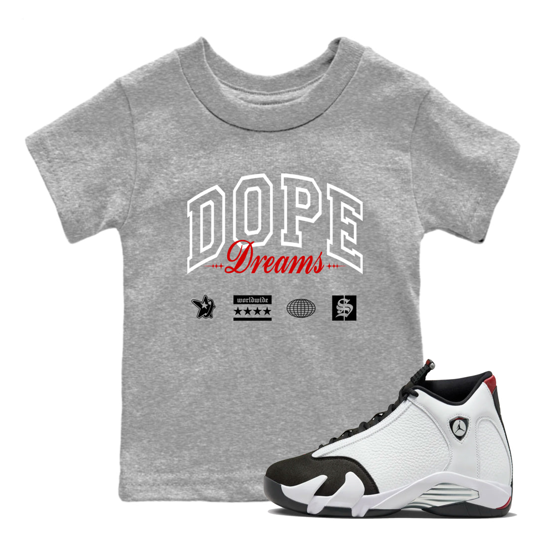 Air Jordan 14 Black Toe t shirts to match sneakers Dope Dreams sneaker match tees 14s Black Toe sneaker match tee Drip Gear Zone Youth Baby Heather Grey 1 tee