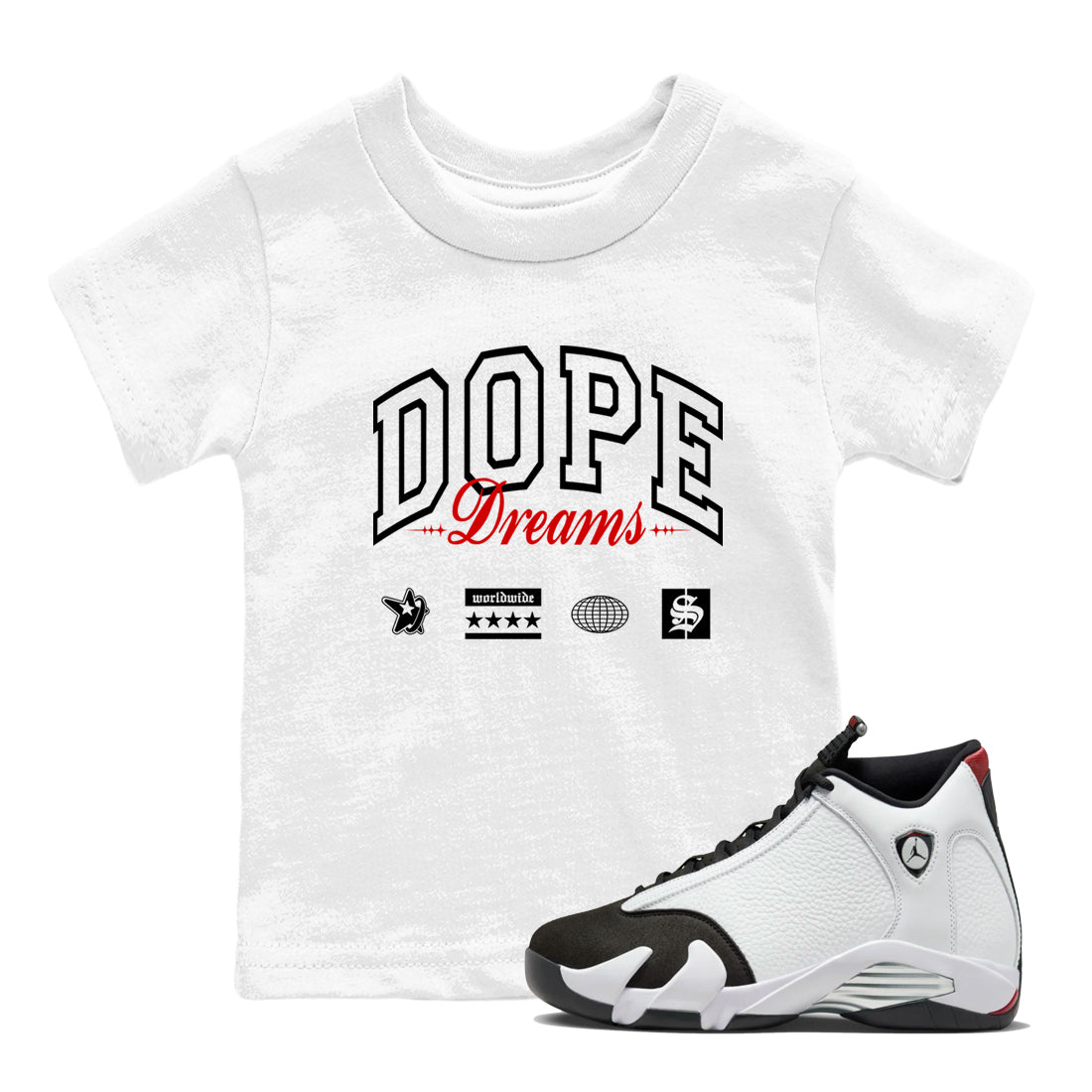 Air Jordan 14 Black Toe t shirts to match sneakers Dope Dreams sneaker match tees 14s Black Toe sneaker match tee Drip Gear Zone Youth Baby White 1 tee