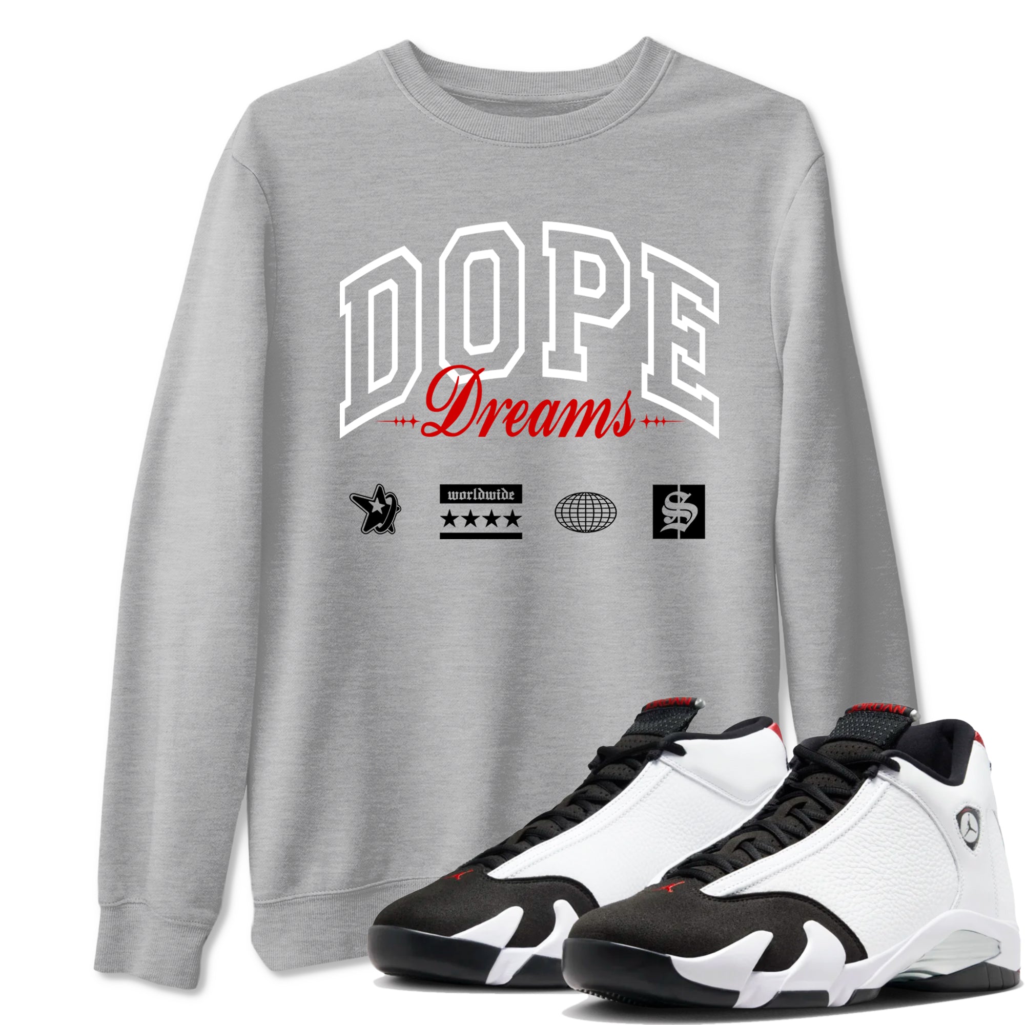 Air Jordan 14 Black Toe t shirts to match sneakers Dope Dreams sneaker match tees 14s Black Toe sneaker match tee Drip Gear Zone unisex cotton Heather Grey 1 shirts