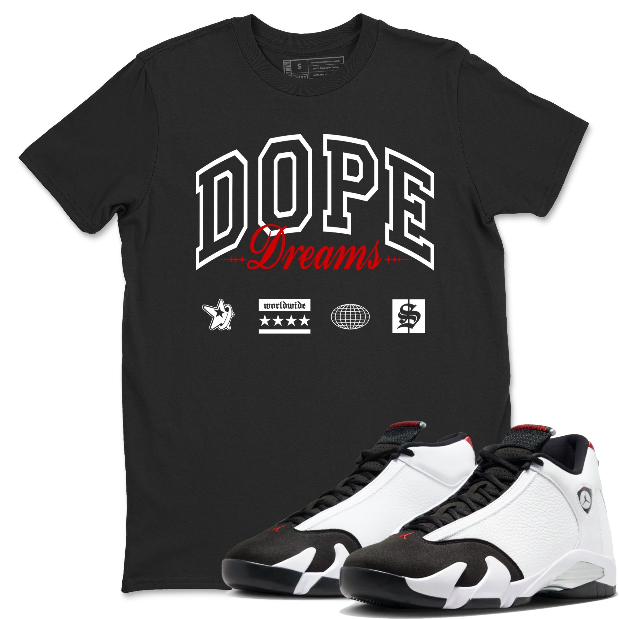 Air Jordan 14 Black Toe t shirts to match sneakers Dope Dreams sneaker match tees 14s Black Toe sneaker match tee Drip Gear Zone unisex cotton Black 1 shirts