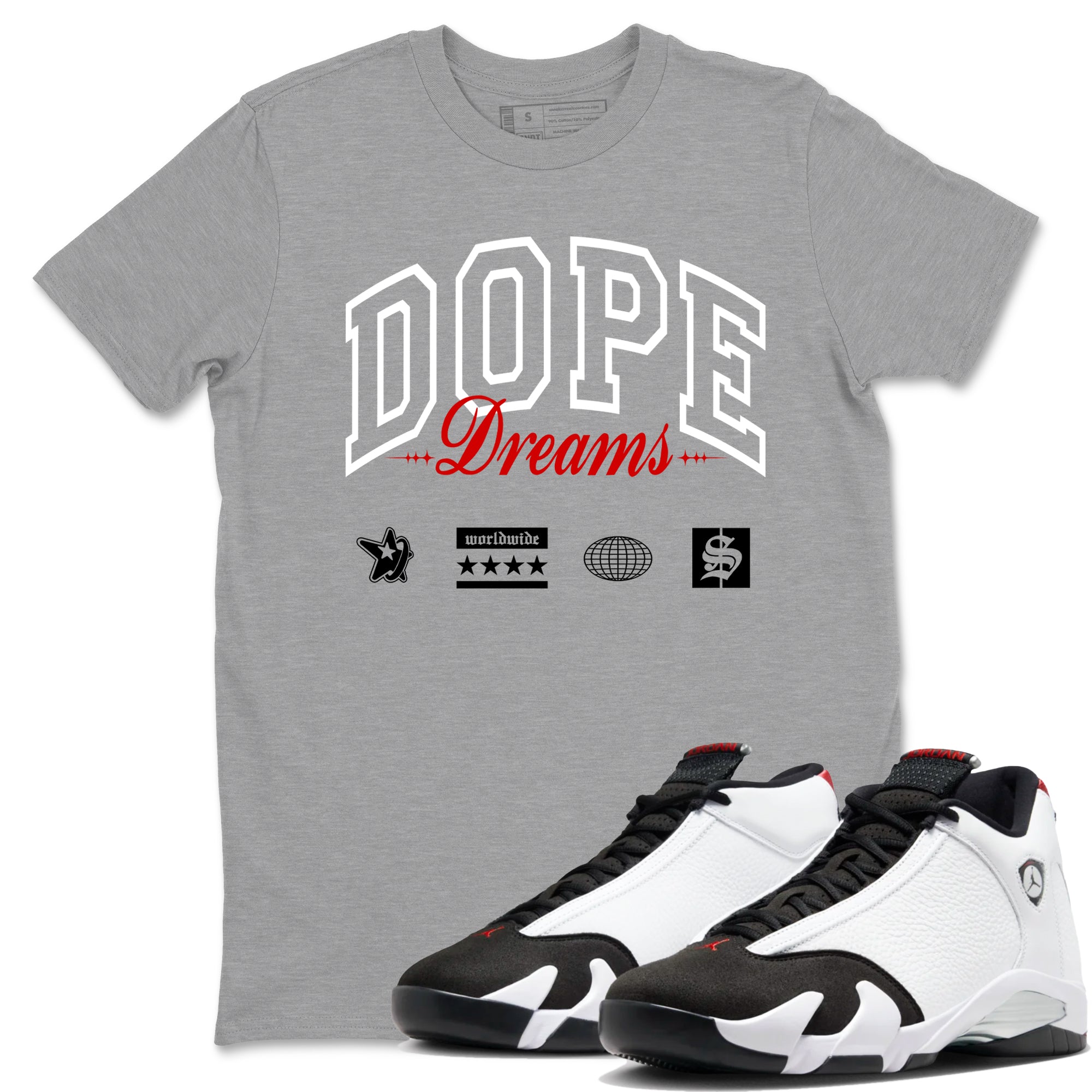 Air Jordan 14 Black Toe t shirts to match sneakers Dope Dreams sneaker match tees 14s Black Toe sneaker match tee Drip Gear Zone unisex cotton Heather Grey 1 shirts