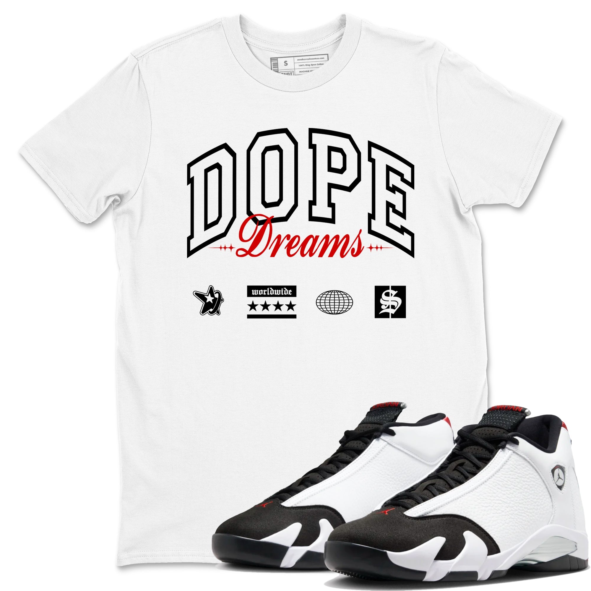 Air Jordan 14 Black Toe t shirts to match sneakers Dope Dreams sneaker match tees 14s Black Toe sneaker match tee Drip Gear Zone unisex cotton White 1 shirts