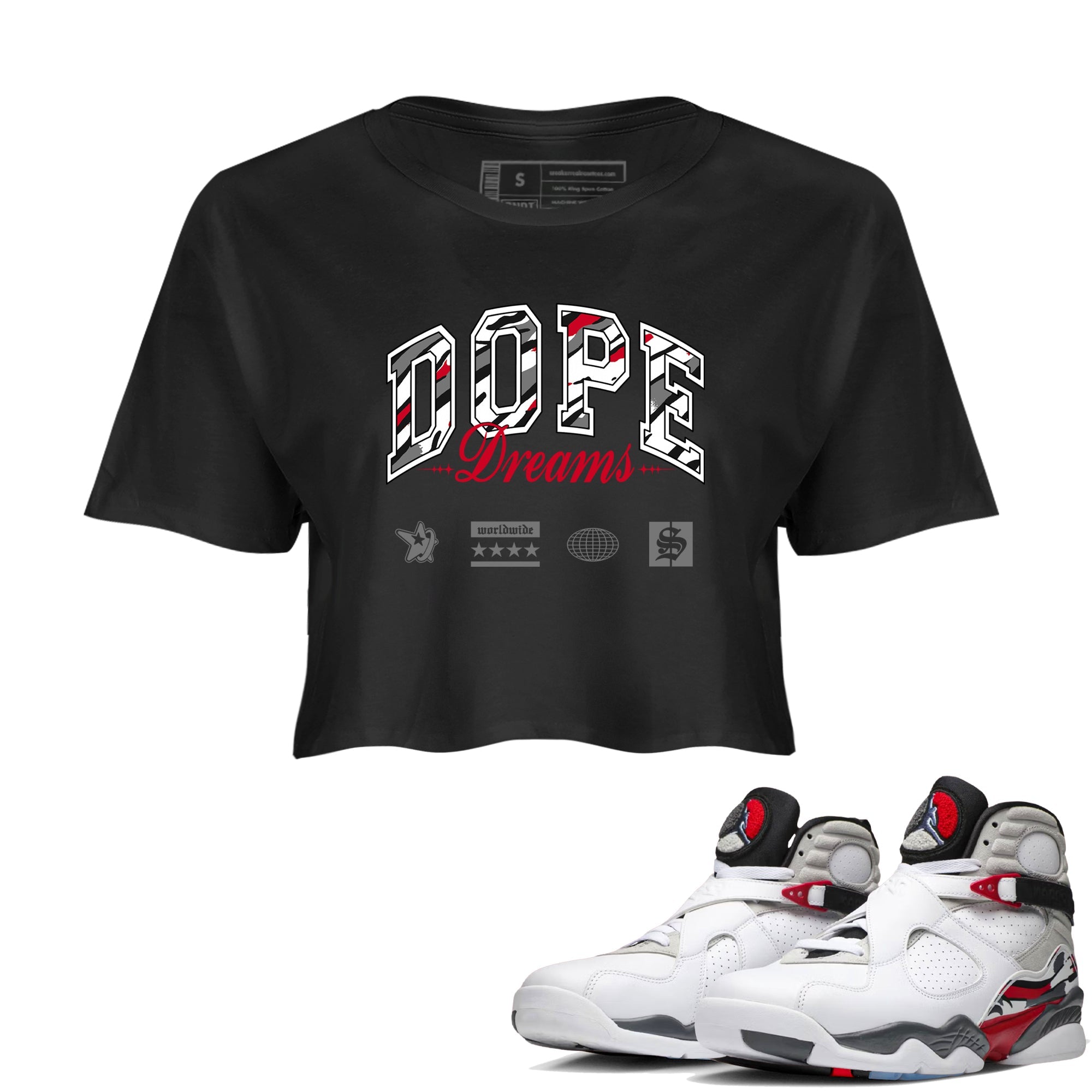 Sneaker Threads  Sneaker Tees To Match Air Jordan 8 Bunny  Dope Dreams Crop Tee Black 1. Perfect for Jordan releases 2025 colorways.