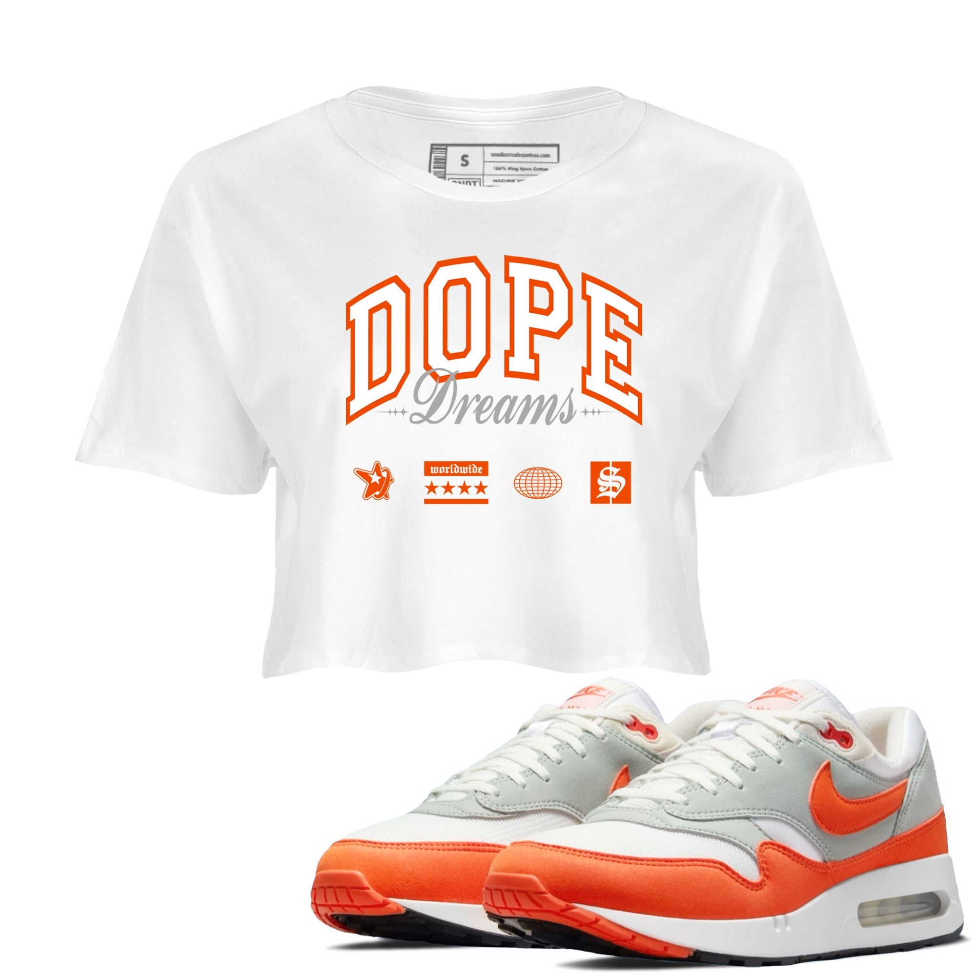 Air Max 1 OG '86 'Summit White and Cosmic Clay shirts to match jordans Dope Dreams sneaker match tees Air Max 1 Cosmic Clay match shoes to clothes Drip Gear Zone unisex cotton White 1 crop tee