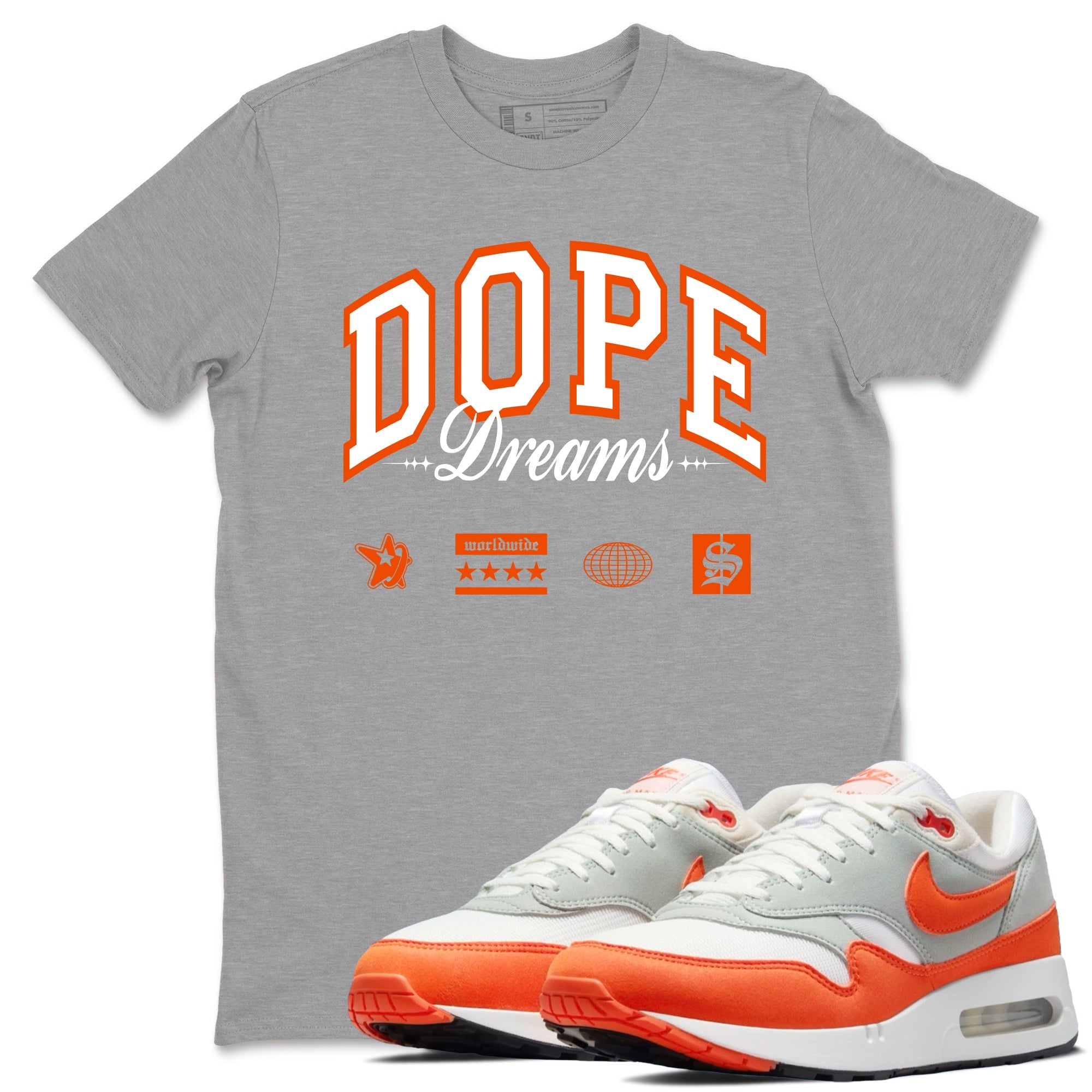 Air Max 1 OG '86 'Summit White and Cosmic Clay shirts to match jordans Dope Dreams sneaker match tees Air Max 1 Cosmic Clay match shoes to clothes Drip Gear Zone unisex cotton Heather Grey 1 shirts