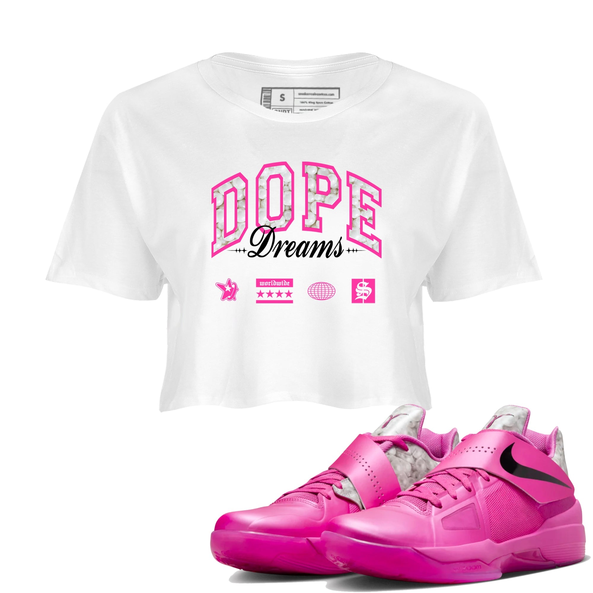 Nike KD 4 Retro Aunt Pearl shirts to match jordans Dope Dreams sneaker match tees Nike KD 4 Aunt Pearl match shoes to clothes Drip Gear Zone unisex cotton White 1 crop tee