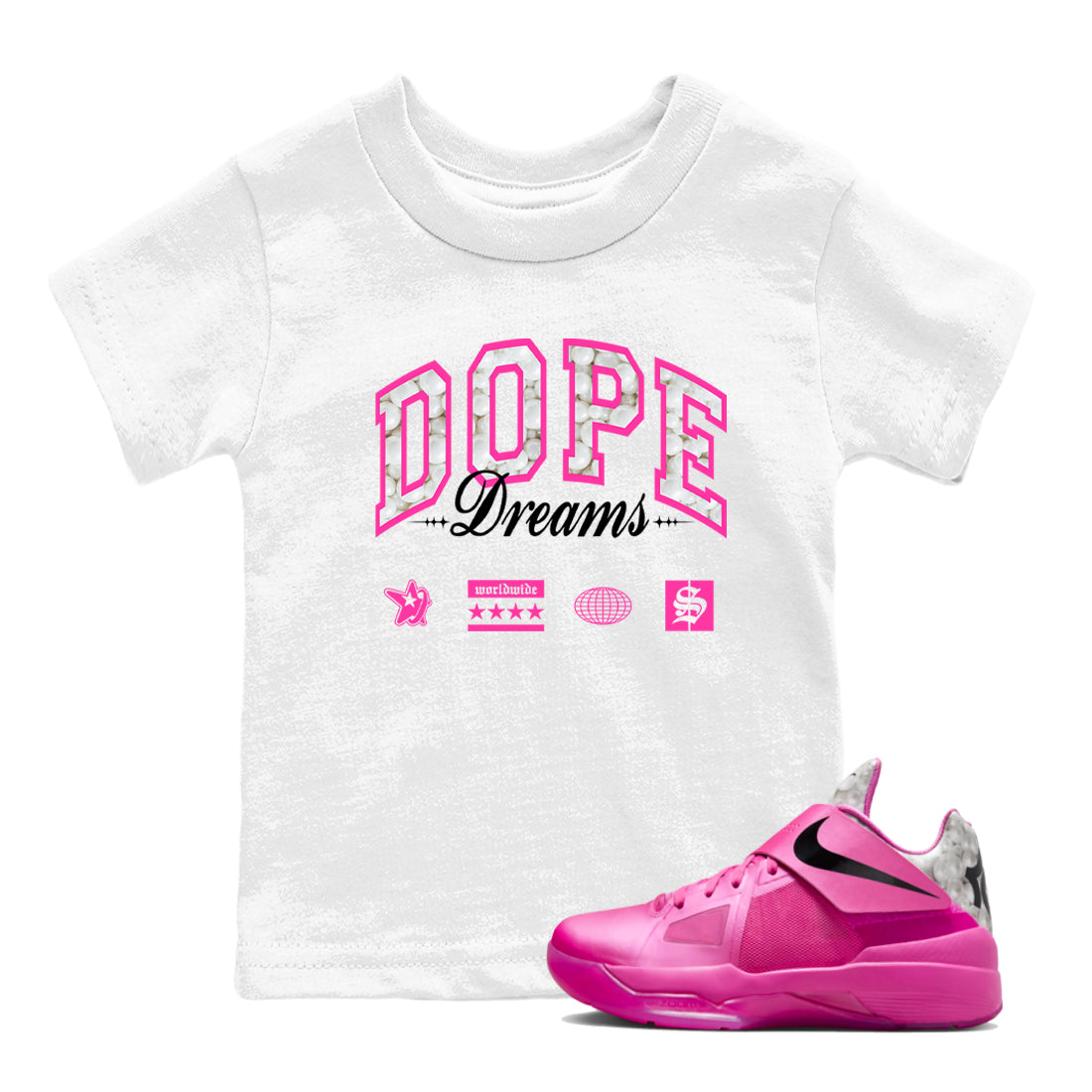 Nike KD 4 Retro Aunt Pearl shirts to match jordans Dope Dreams sneaker match tees Nike KD 4 Aunt Pearl match shoes to clothes Drip Gear Zone Youth Baby White 1 tee