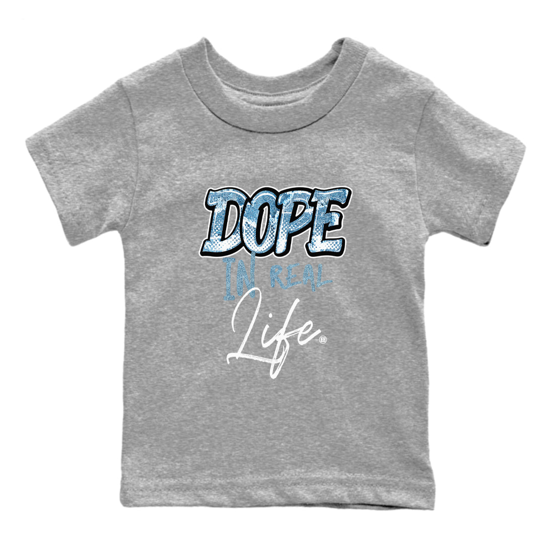 1s Denim shirts to match jordans Dope In Real Life sneaker match tees Air Jordan 1 Denim Drip Gear Zone streetwear brand Baby and Youth Heather Grey 2 cotton tee