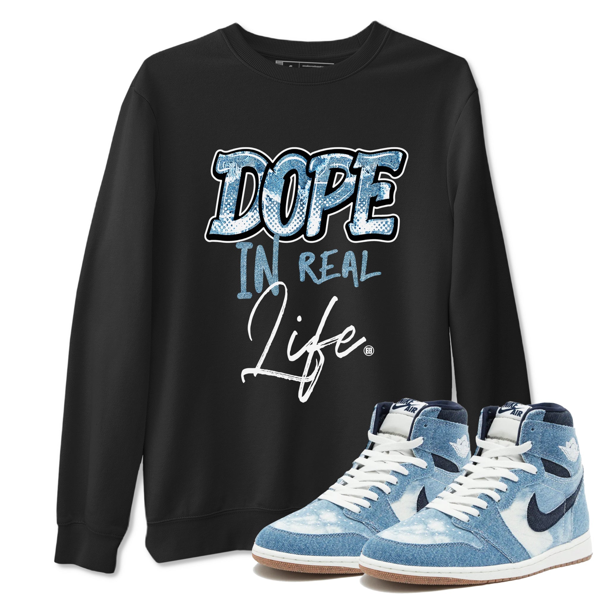 1s Denim shirts to match jordans Dope In Real Life sneaker match tees Air Jordan 1 Denim Drip Gear Zone streetwear brand Black 1 unisex cotton tee