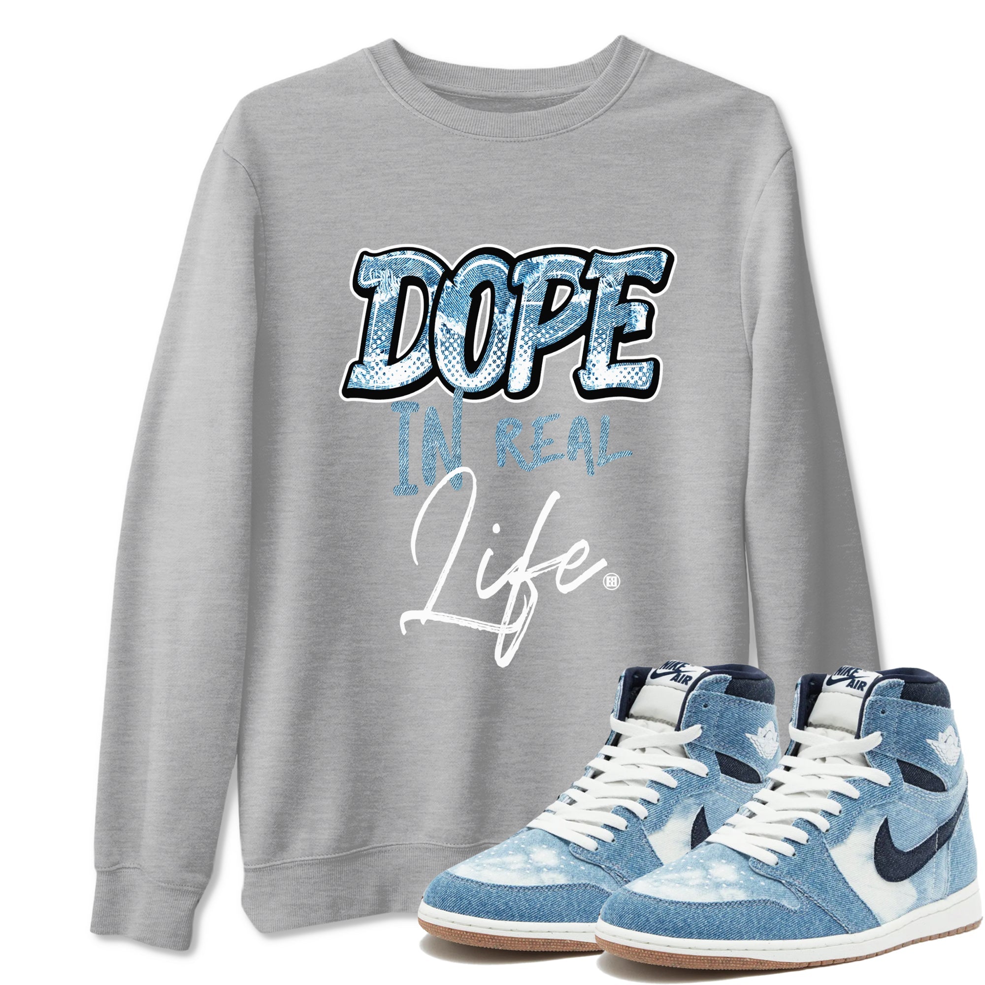 1s Denim shirts to match jordans Dope In Real Life sneaker match tees Air Jordan 1 Denim Drip Gear Zone streetwear brand Heather Grey 1 unisex cotton tee